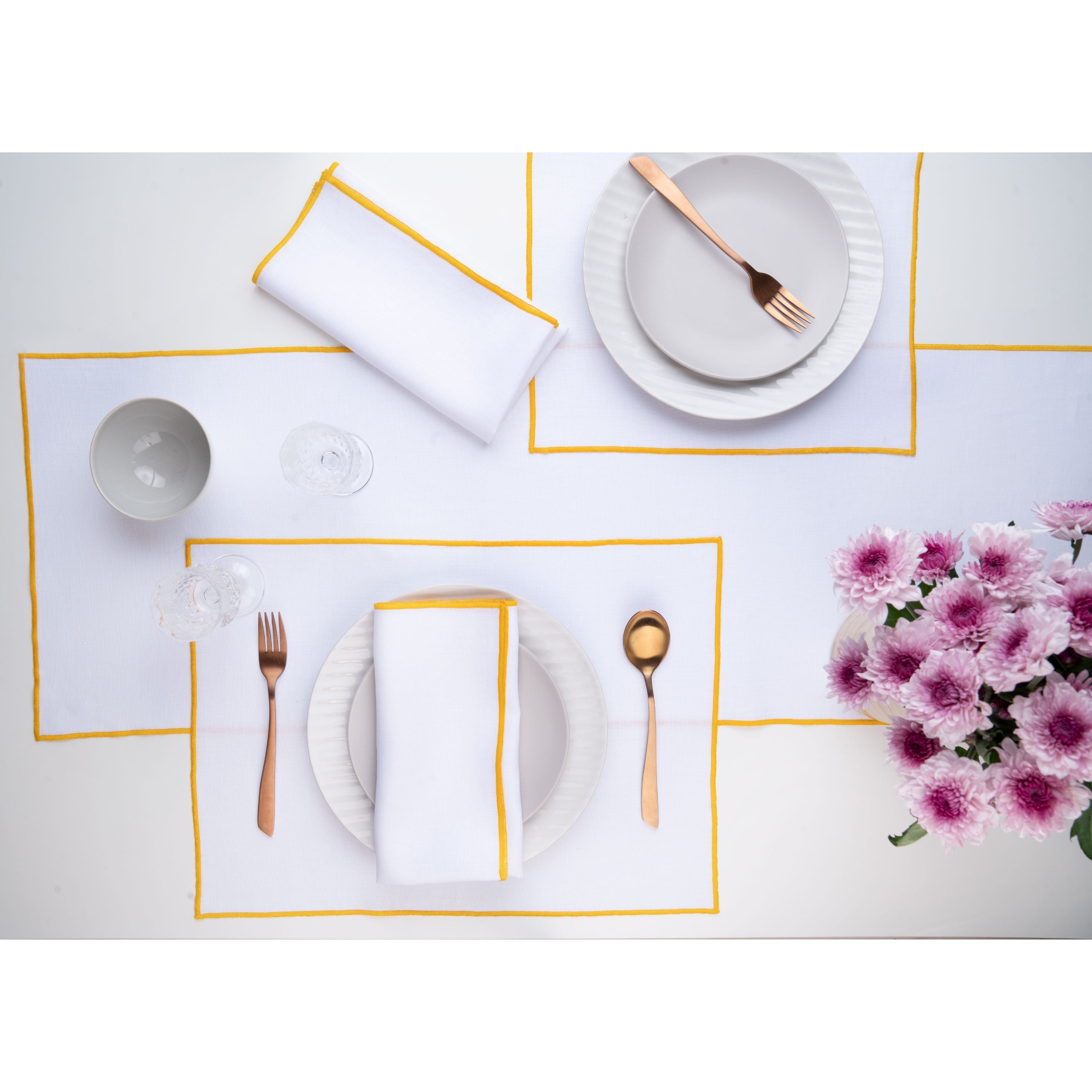 White and Yellow Linen Placemats, Marrow Edge, 14 x 19 inch, 4 pcs