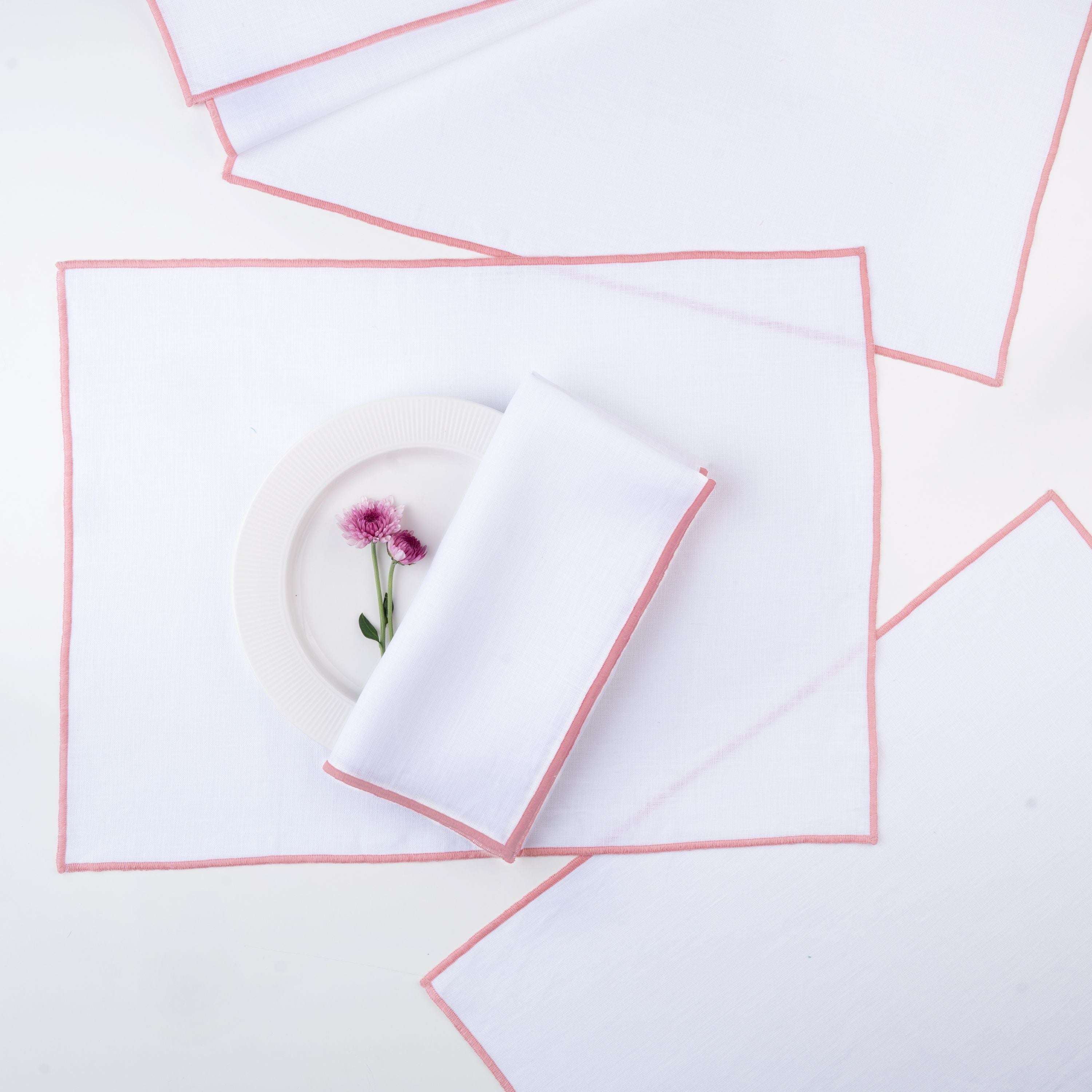 White and Dusty Pink Linen Placemats, Marrow Edge, 14 x 19 inch, 4 pcs