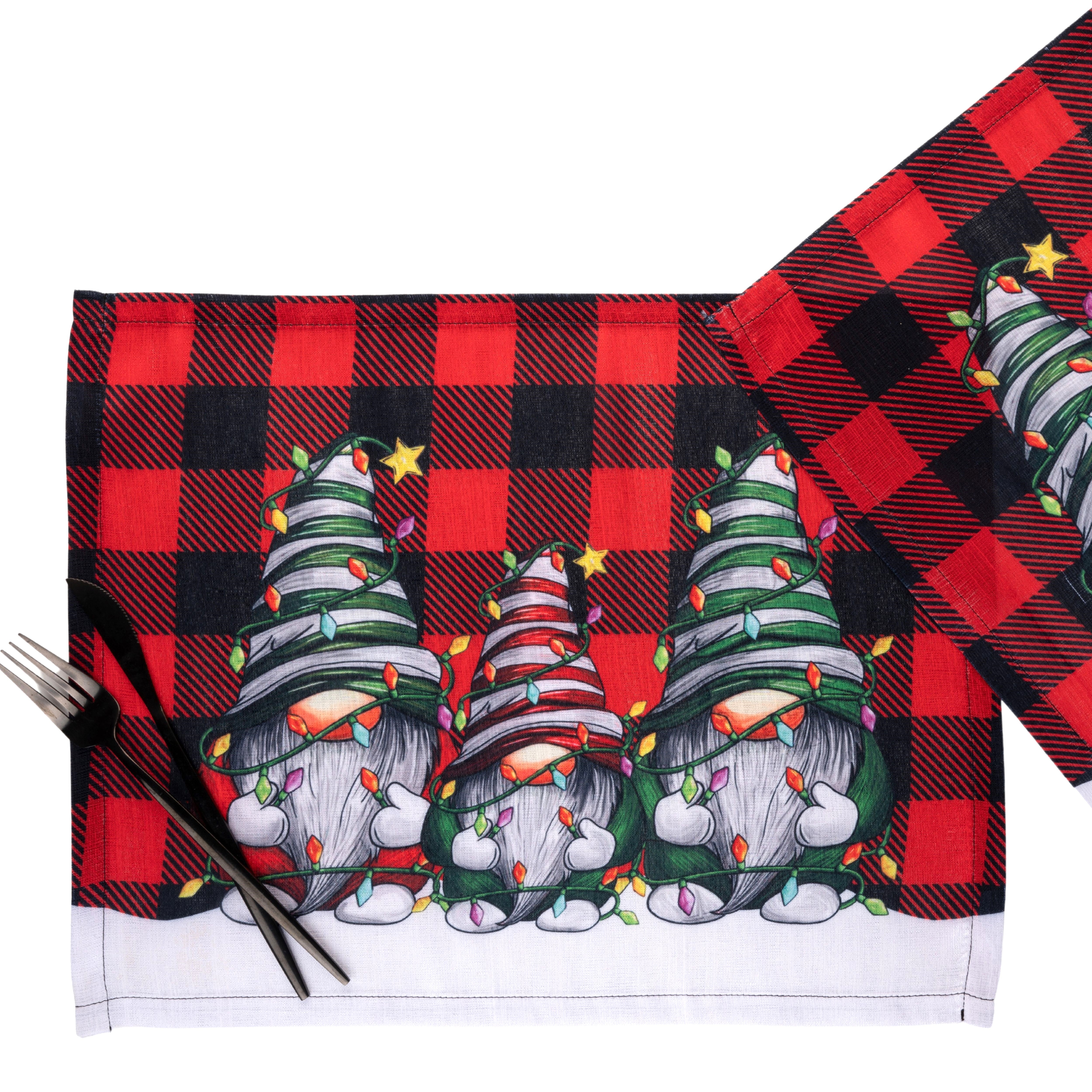 Gnomes Plaid Vegan Silk Placemats 13 x 18 Inch Set of 4 - Christmas Print