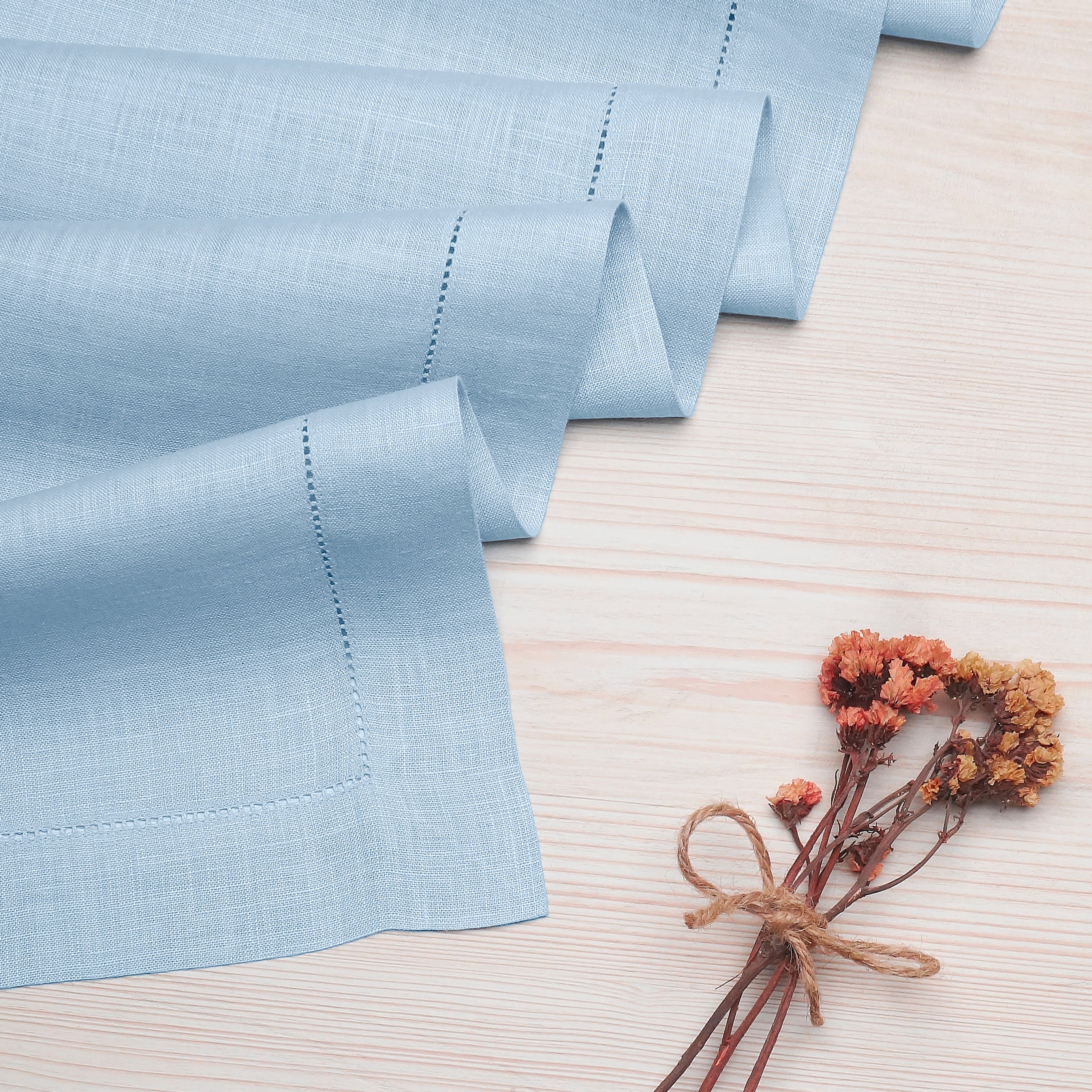 Powder Blue Linen Table Runner, Hemstitch