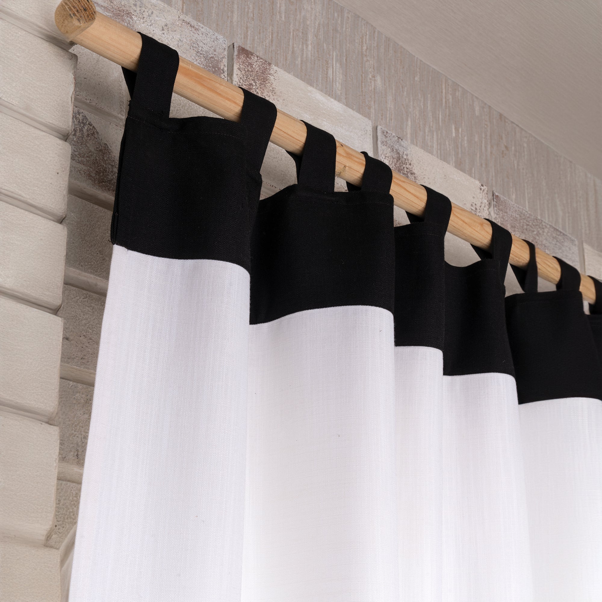 White and Black Faux Linen Color Block Curtain