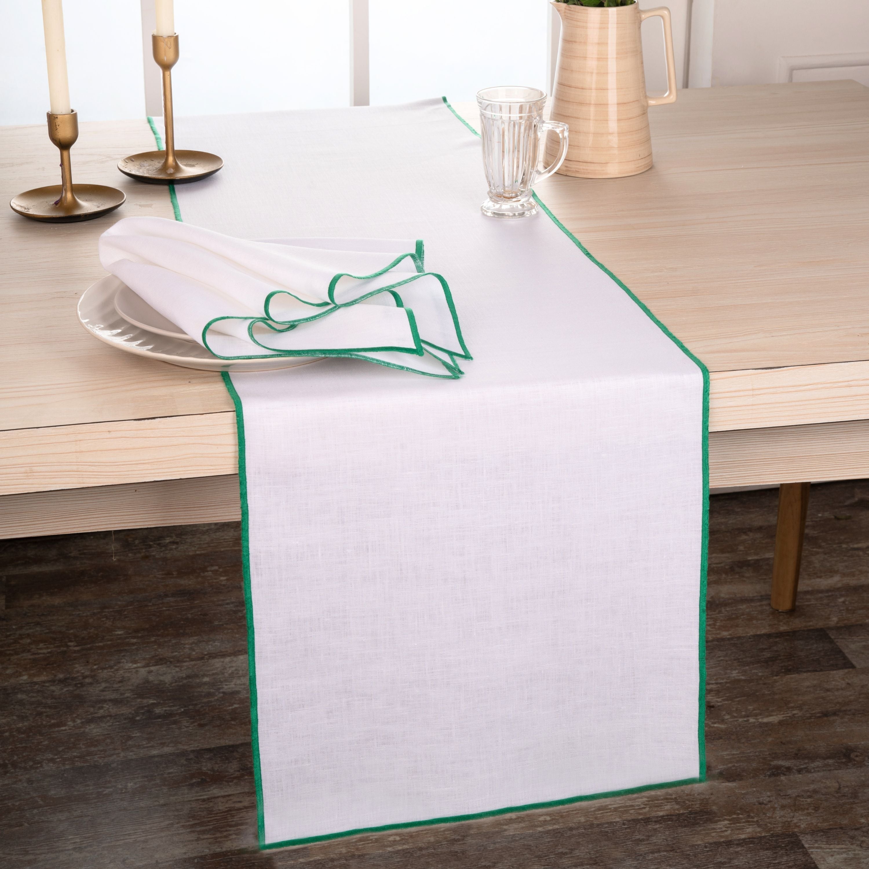 White and Green Linen Table Runner, Marrow Edge