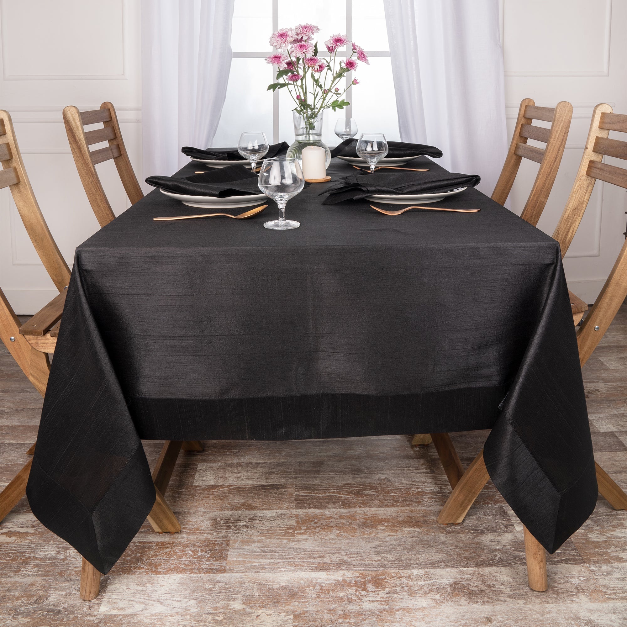 Black Vegan Silk Tablecloth, Mitered Corner