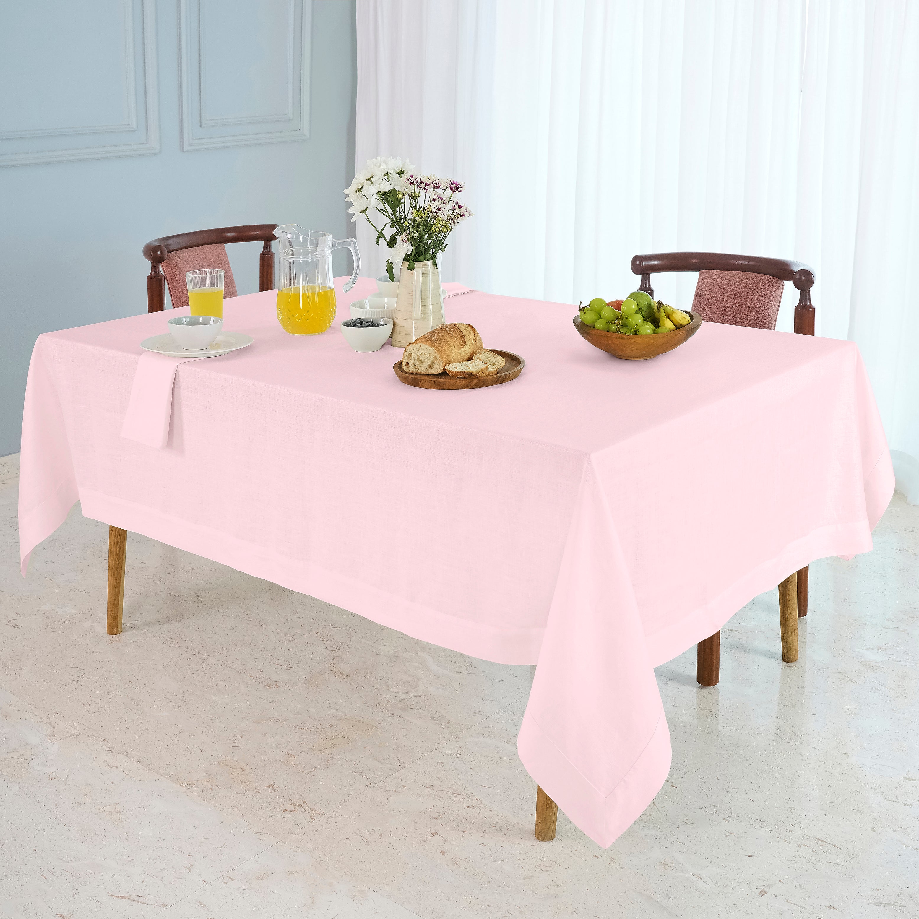 Pastel Pink Linen Tablecloth, Hemmed