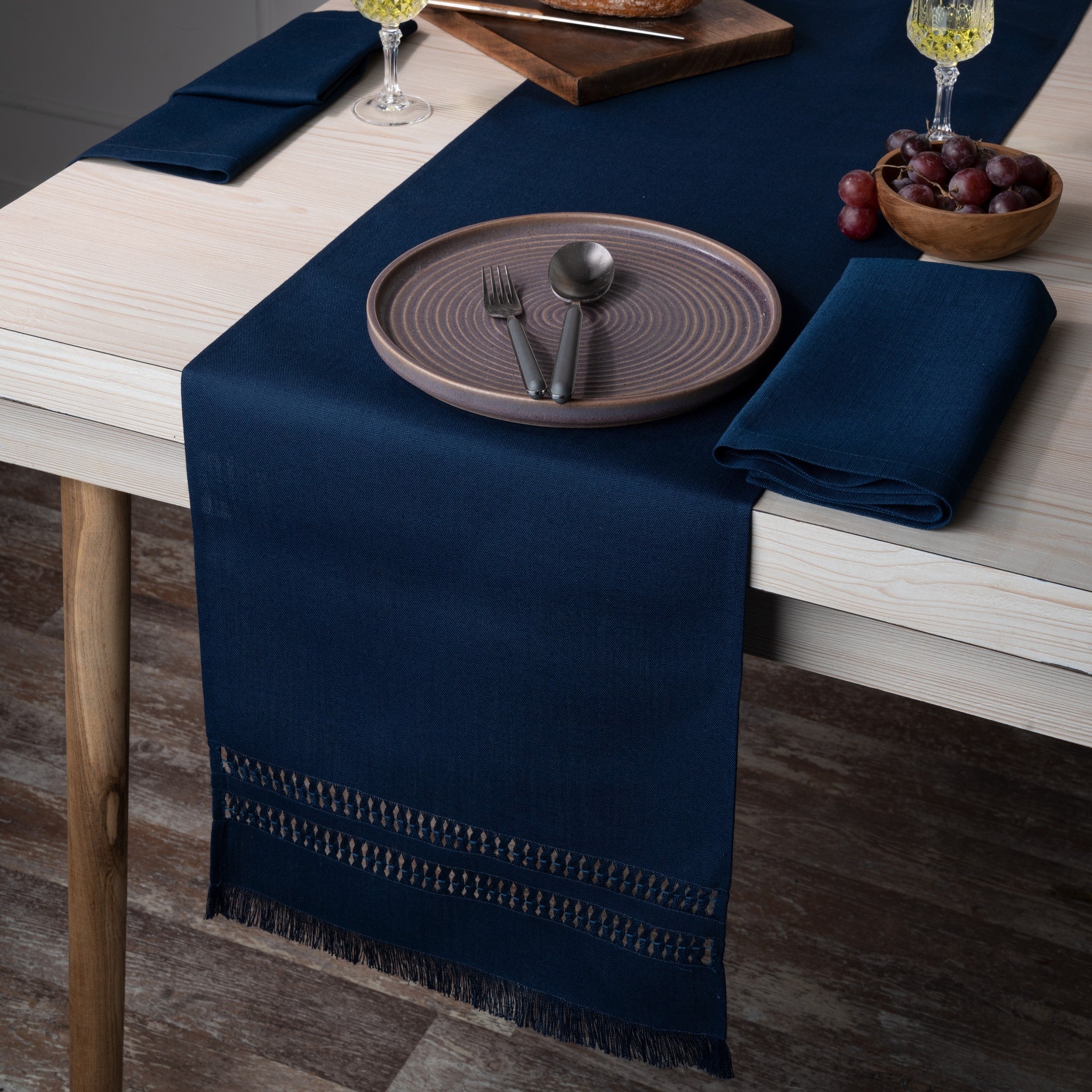 Navy Blue Table Runner, Faux Linen, Hand Hemstitch