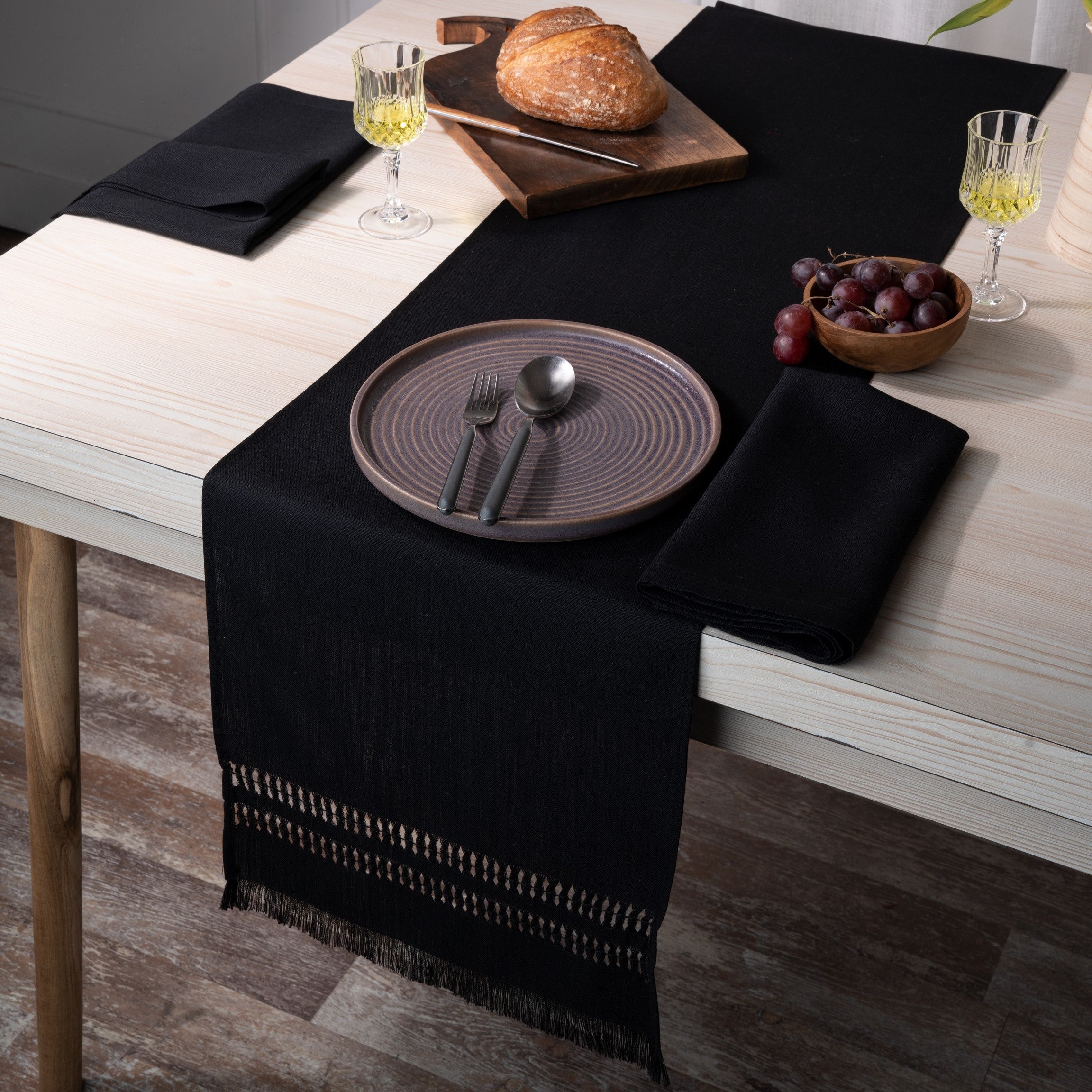 Black Table Runner, Faux Linen, Hand Hemstitch