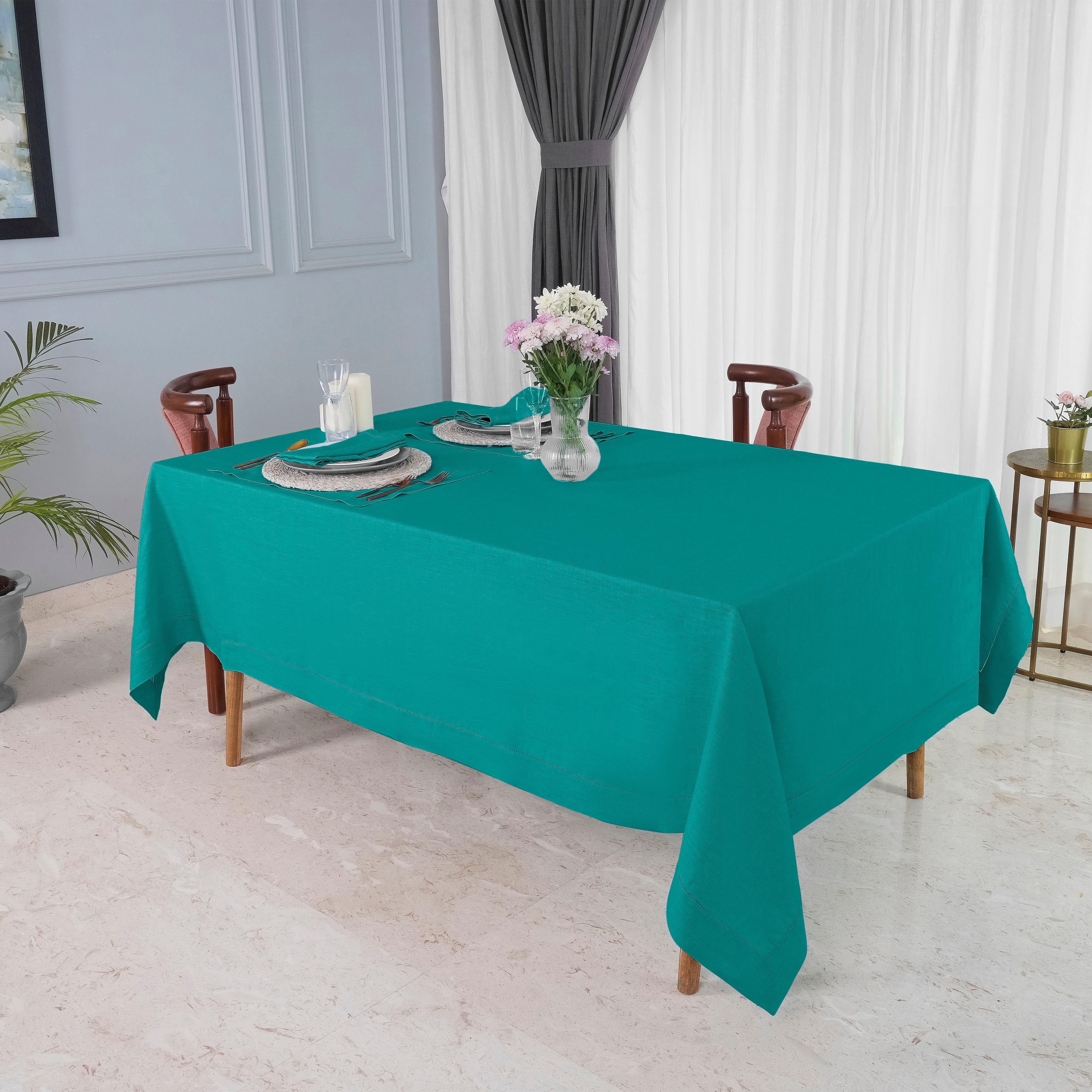 Teal Blue Linen Tablecloth, Hemstitch