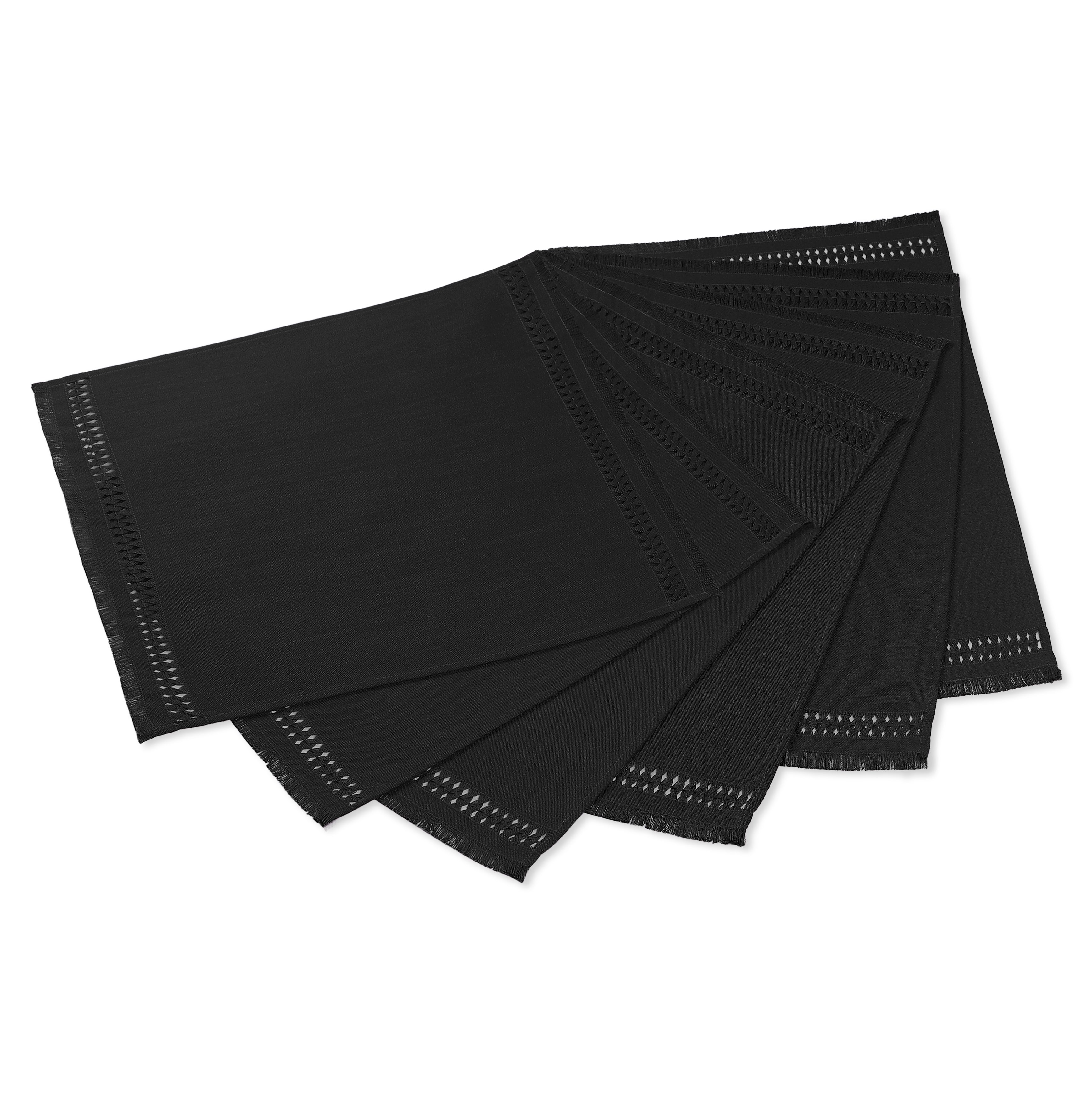 Black Faux Linen Placemats, Hand Hemstitch, 14 x 19 inch, 6 pcs