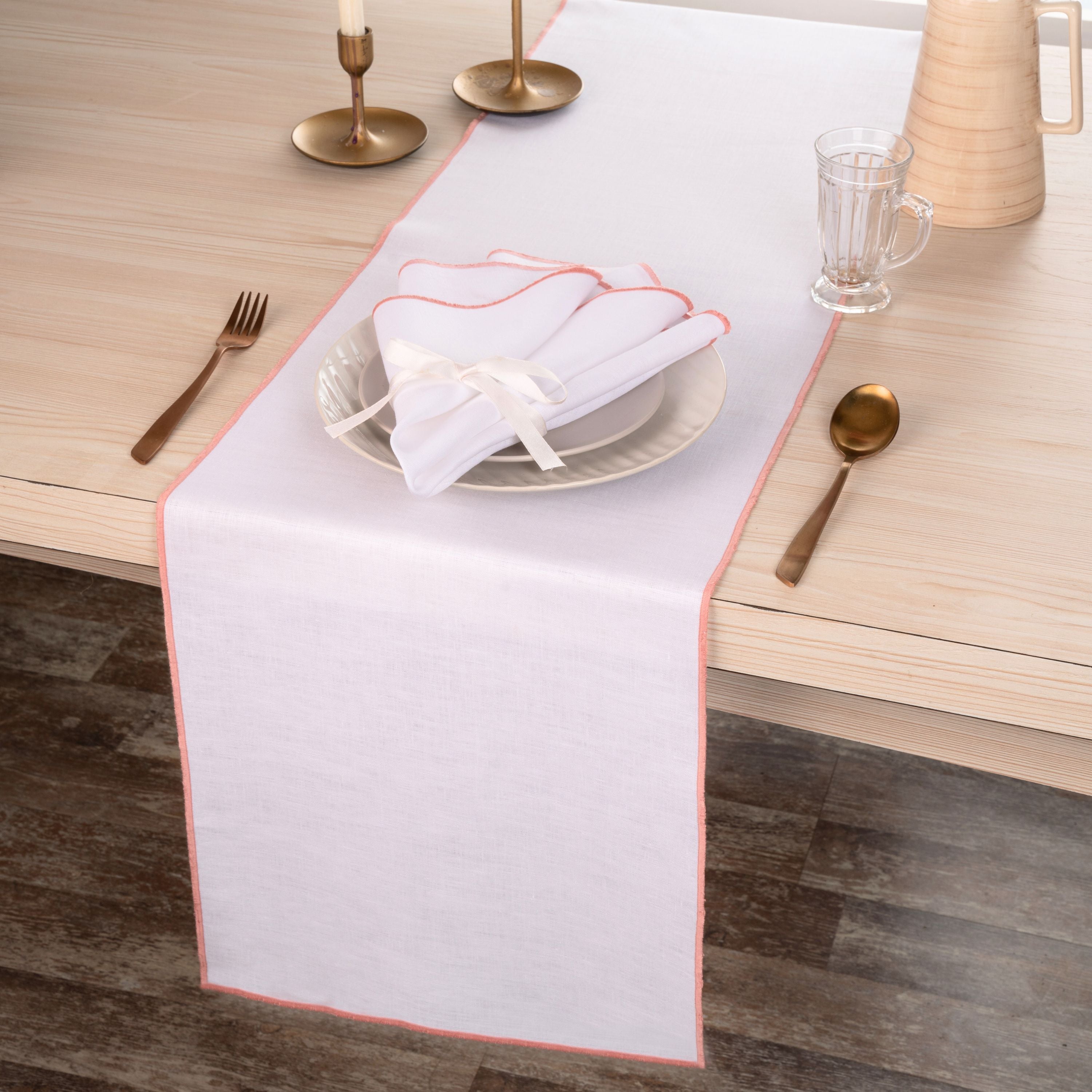 White and Dusty Pink Linen Table Runner, Marrow Edge