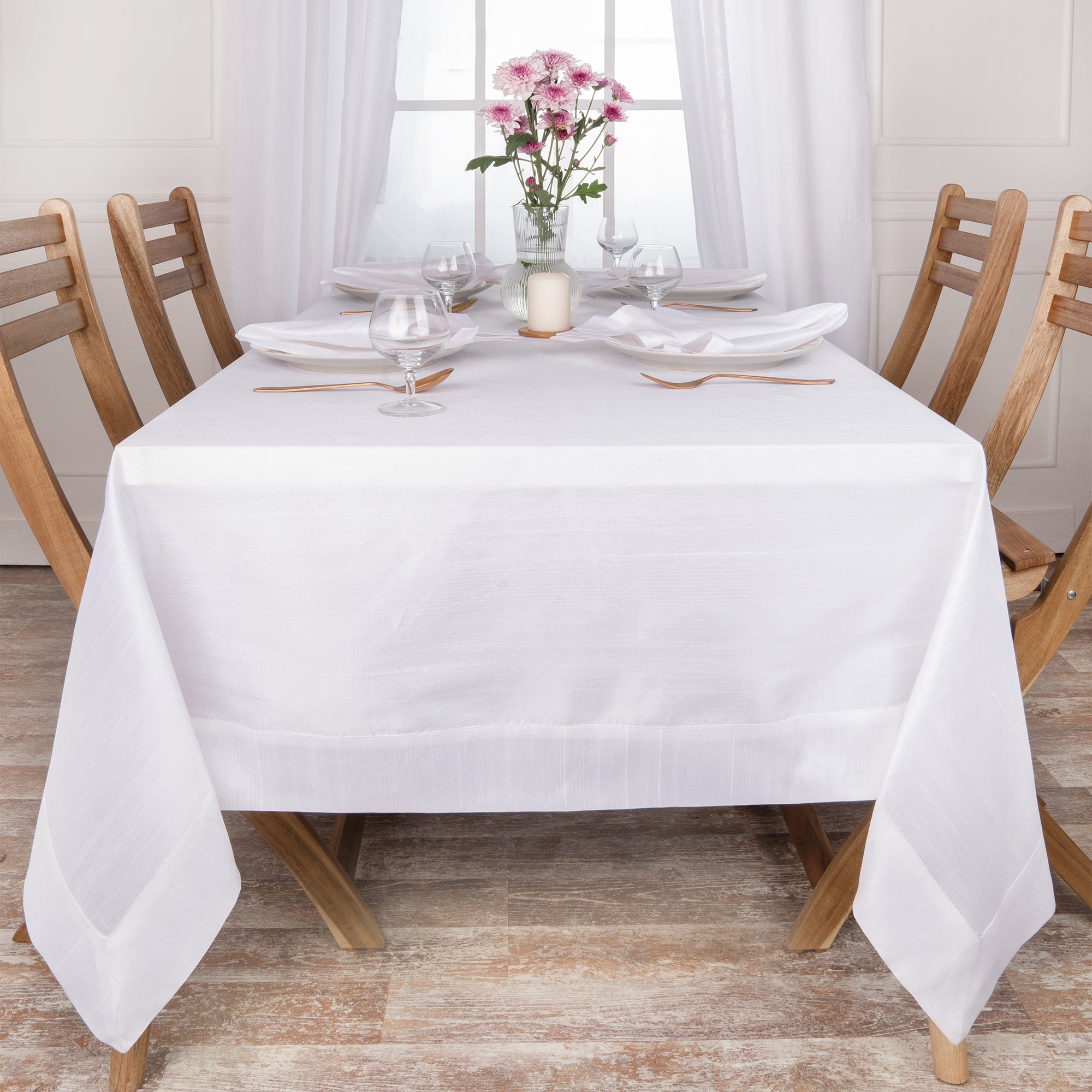 White Vegan Silk Tablecloth, Mitered Corner