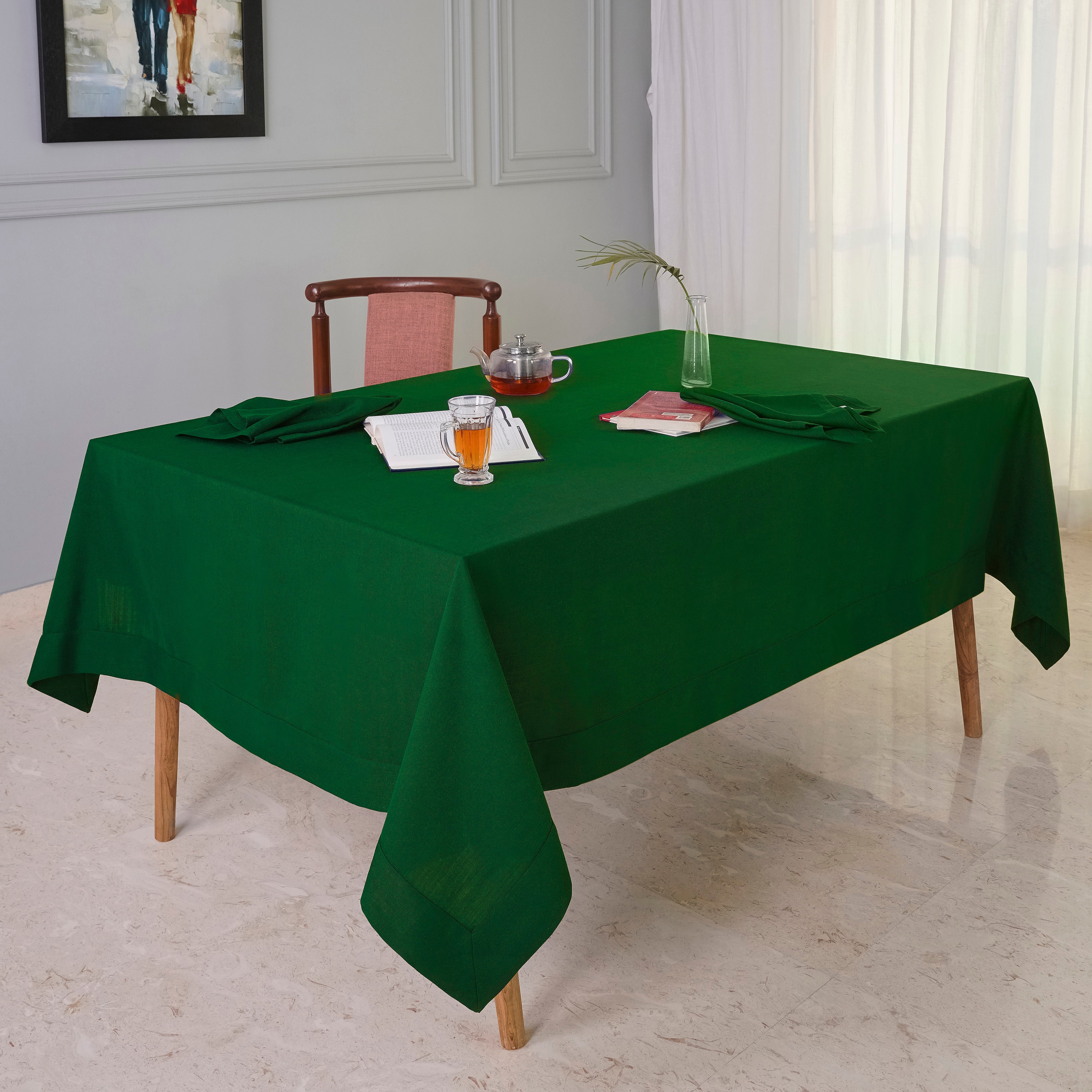 Eden Green Tablecloth, Faux Linen, Mitered Corner