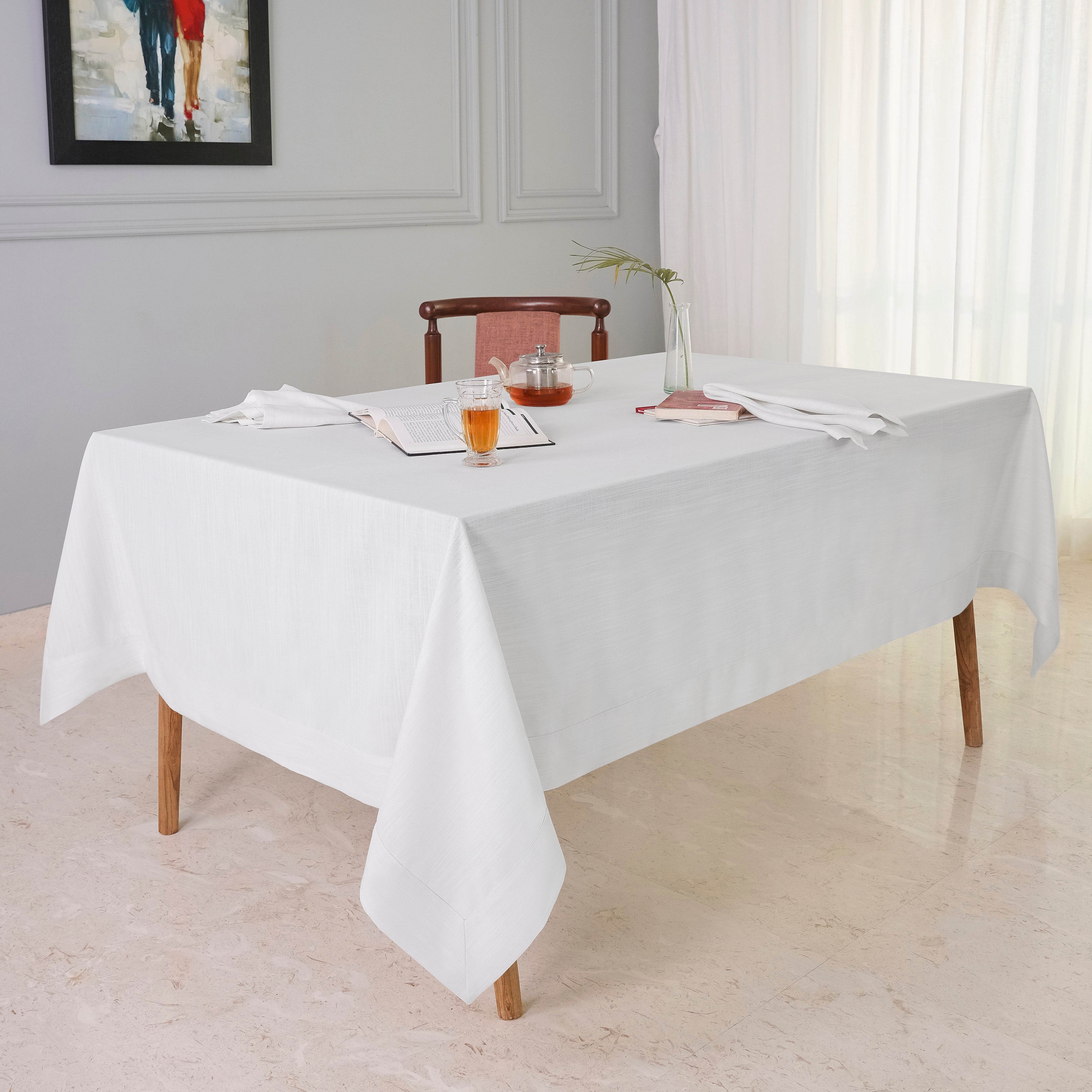 Chambray Cream & White Tablecloth, Faux Linen, Mitered Corner