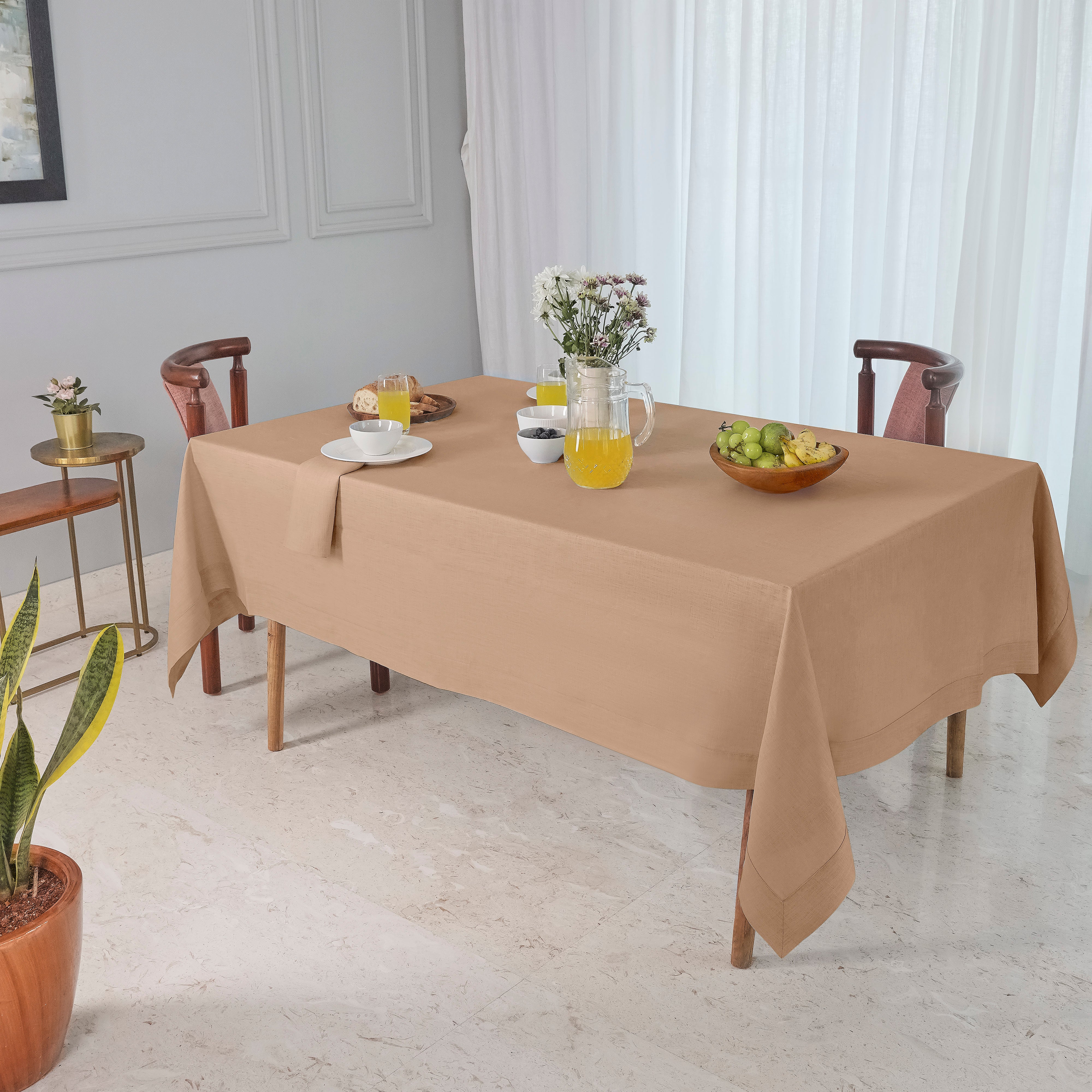 Champagne Beige Linen Tablecloth, Hemmed