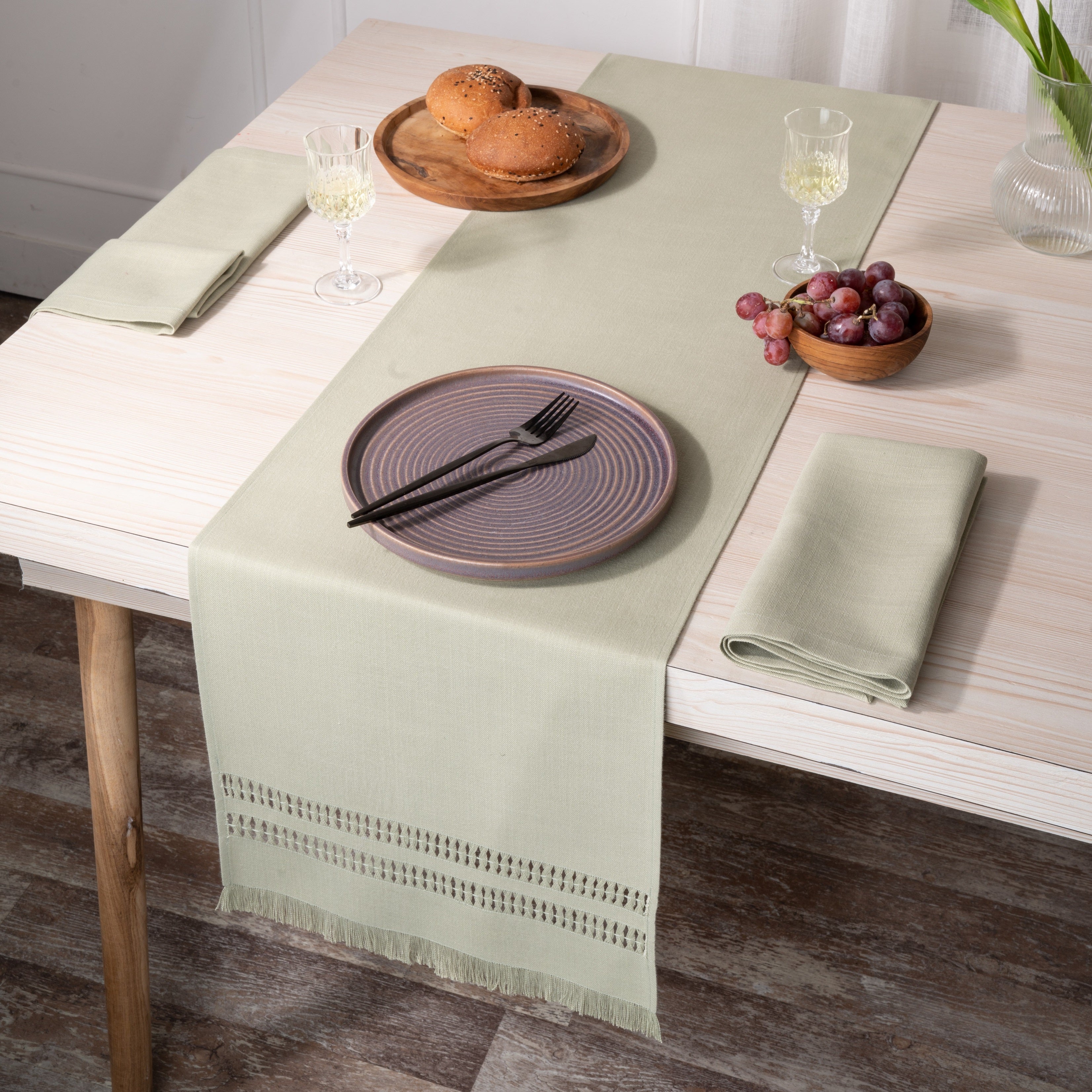 Sage Green Table Runner, Faux Linen, Hand Hemstitch