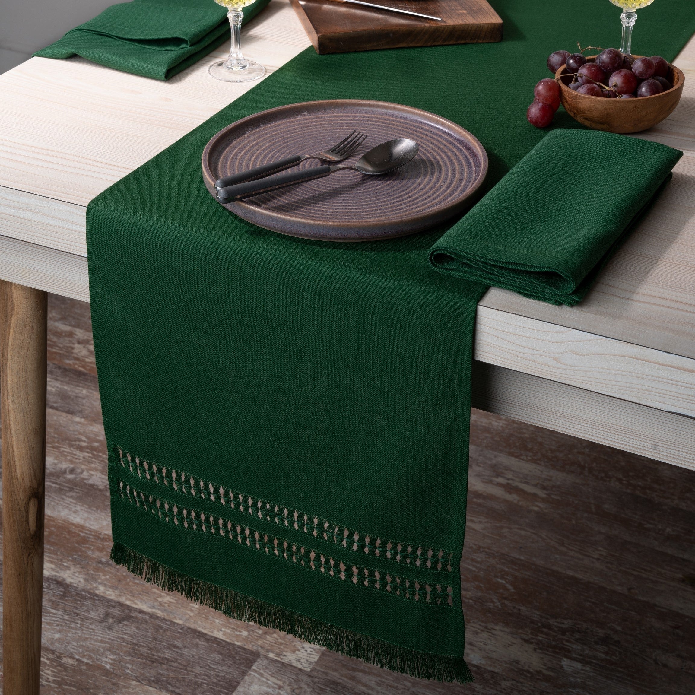 Eden Green Table Runner, Faux Linen, Hand Hemstitch