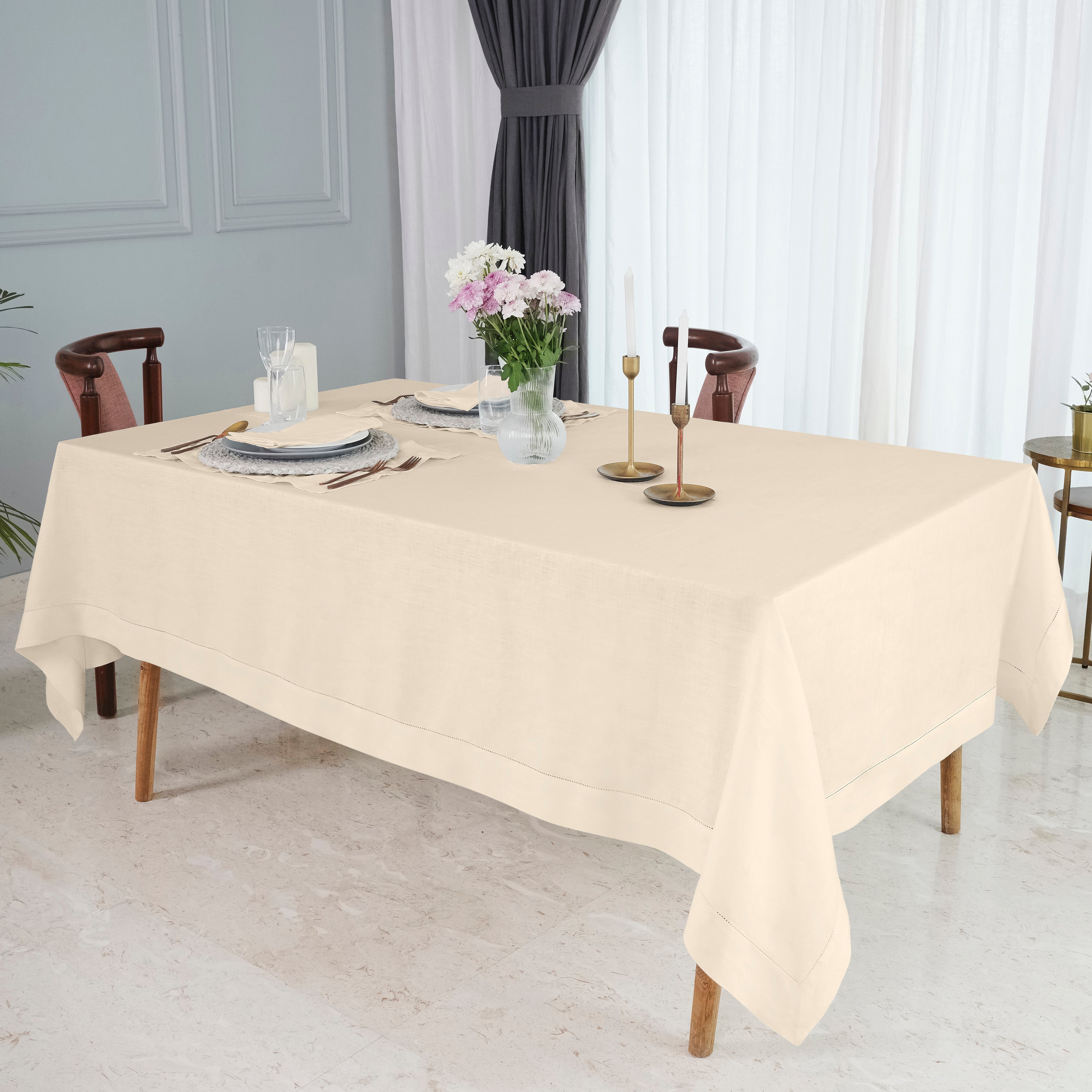 Vanilla Cream Linen Tablecloth, Hemstitch