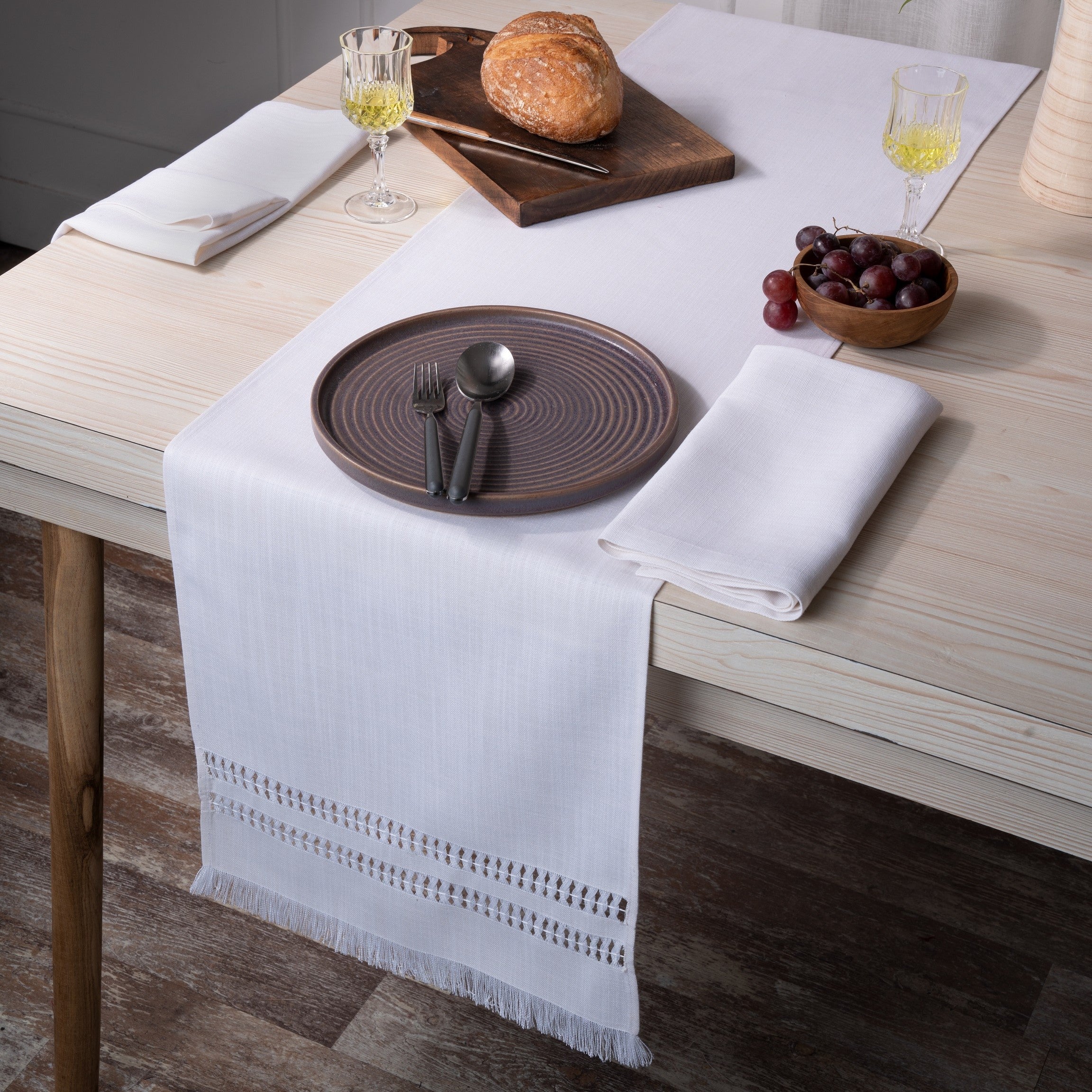 Chambray Cream & White Table Runner, Faux Linen, Hand Hemstitch