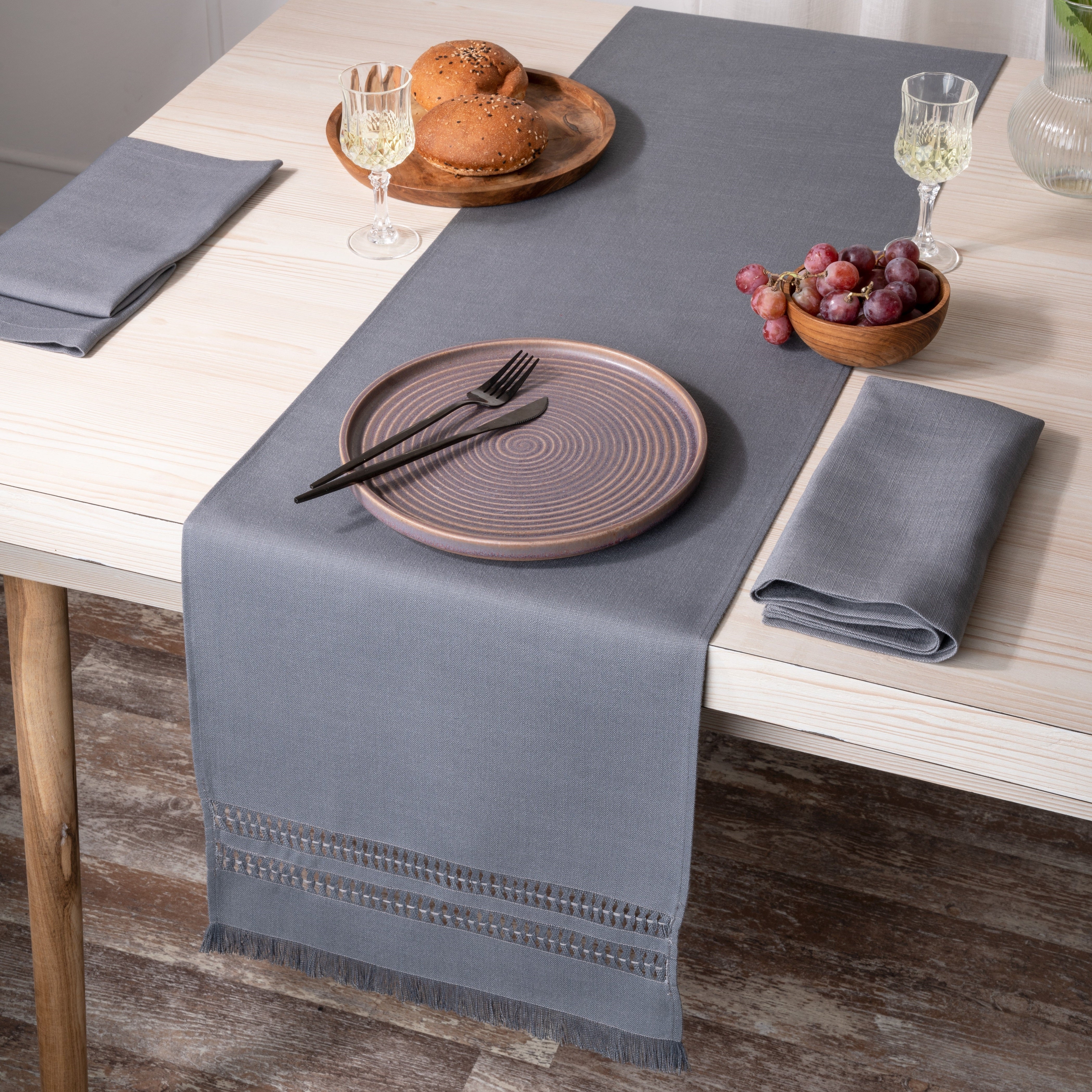 Charcoal Grey Table Runner, Faux Linen, Hand Hemstitch