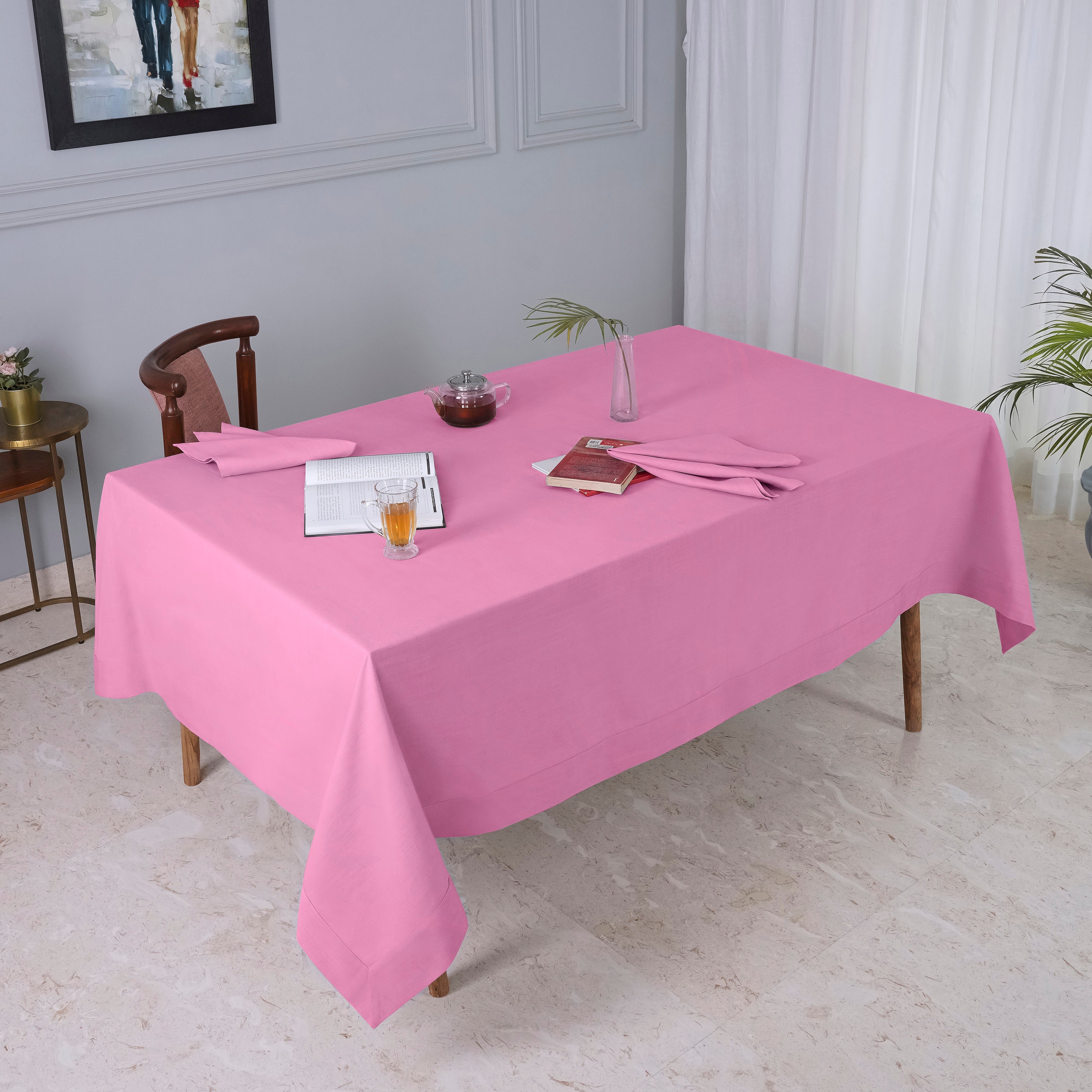 Bubblegum Pink Tablecloth, Faux Linen, Mitered Corner