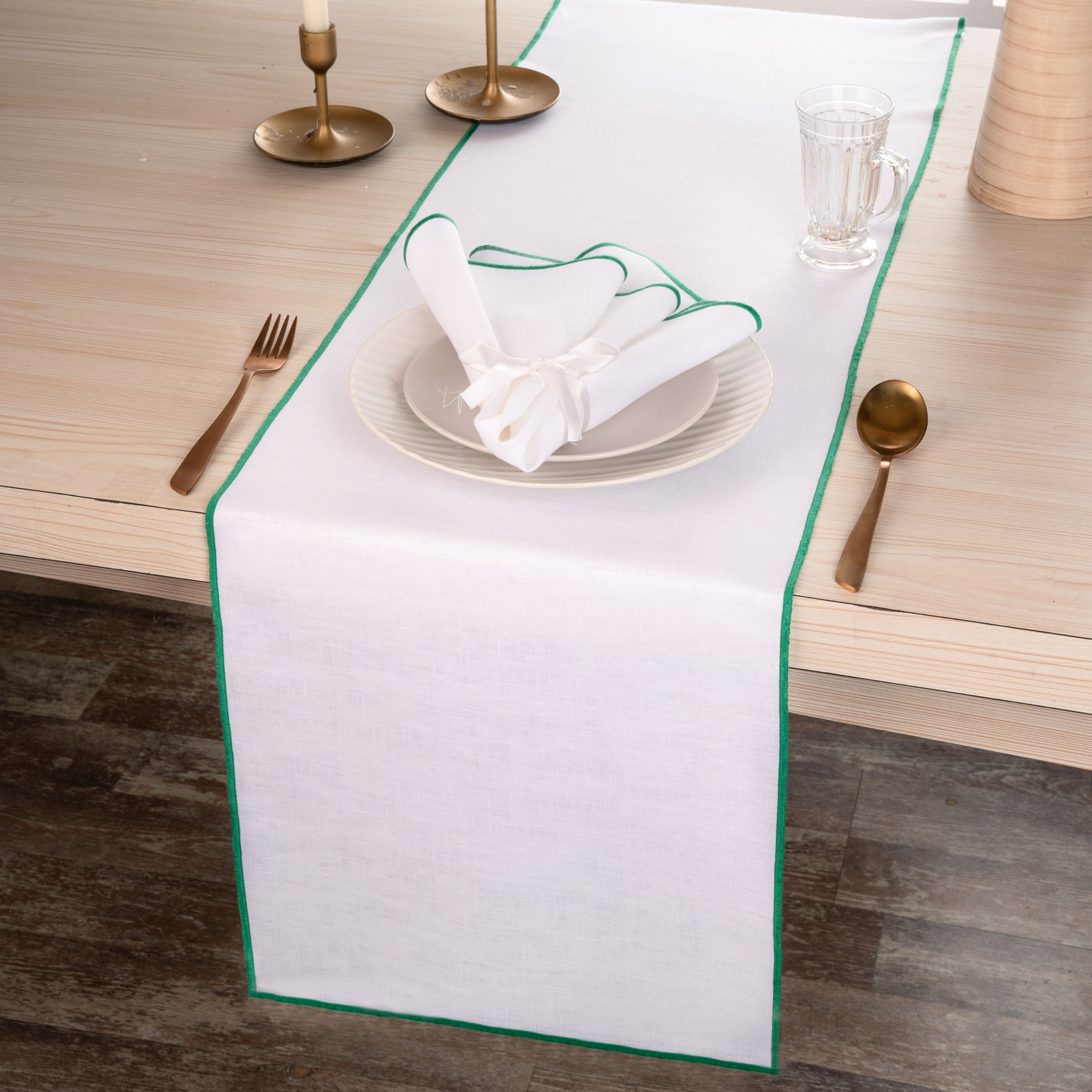 White and Green Linen Table Runner, Marrow Edge