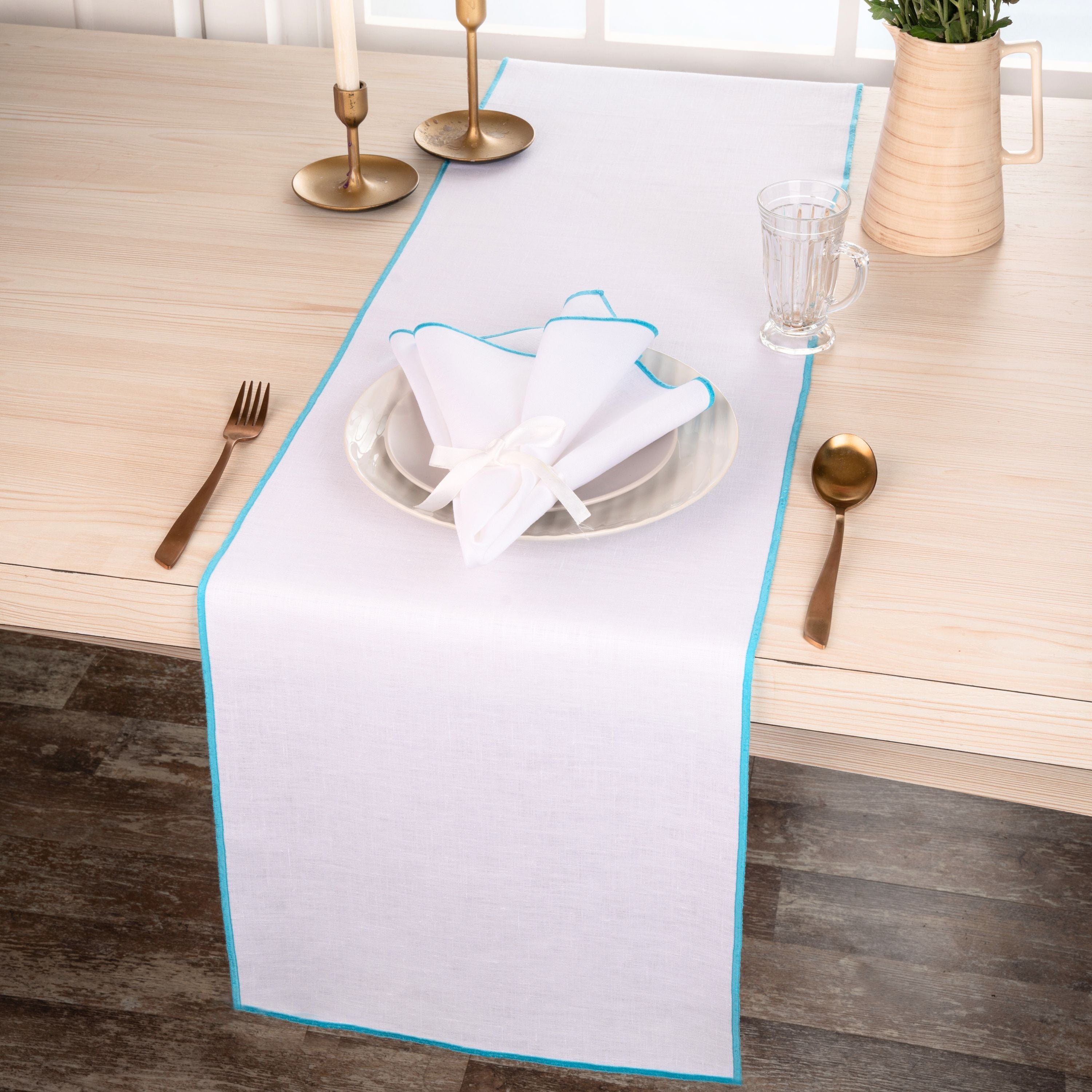 White and Blue Linen Table Runner, Marrow Edge