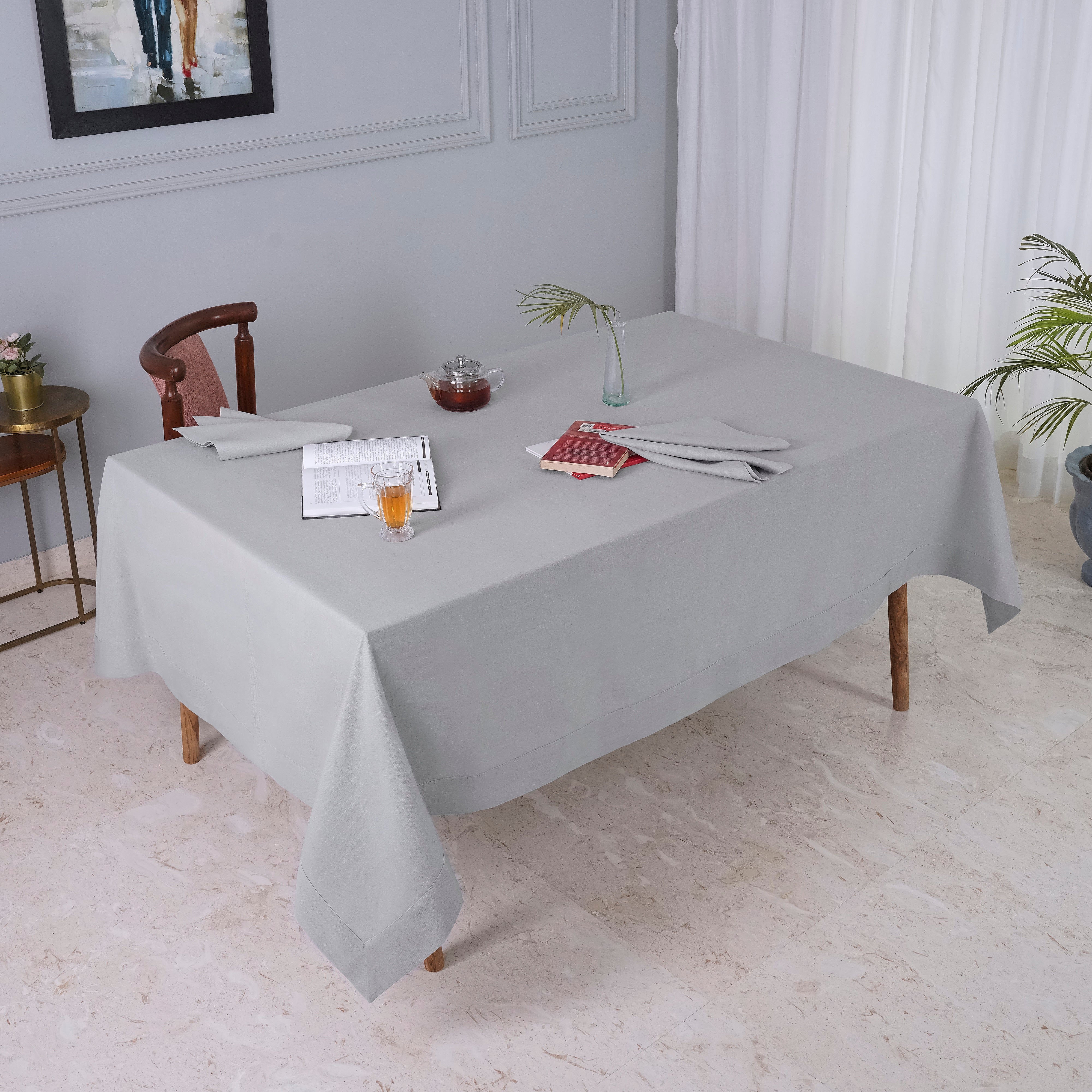 Light Grey Tablecloth, Faux Linen, Mitered Corner