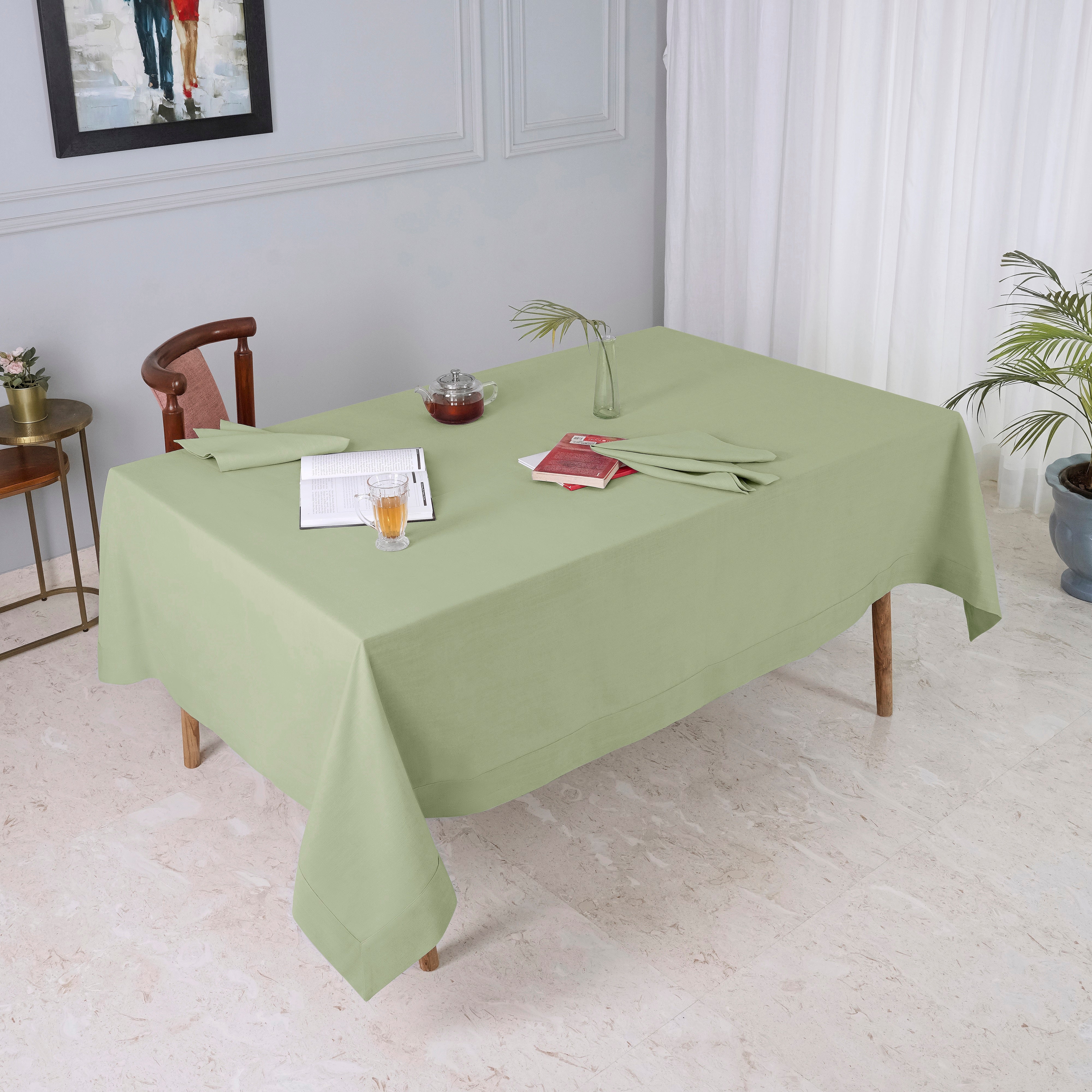 Sage Green Tablecloth, Faux Linen, Mitered Corner