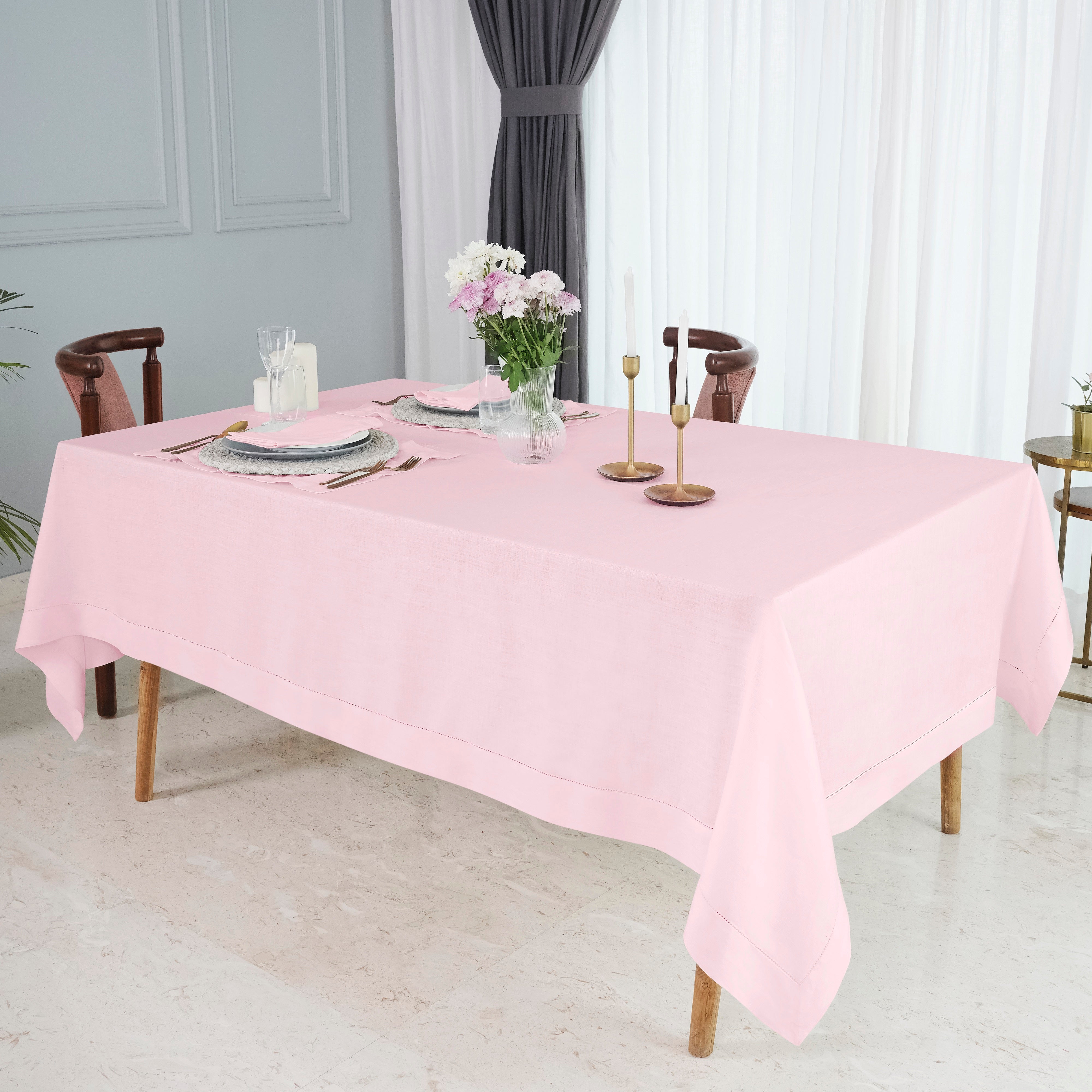 Pastel Pink Linen Tablecloth, Hemstitch