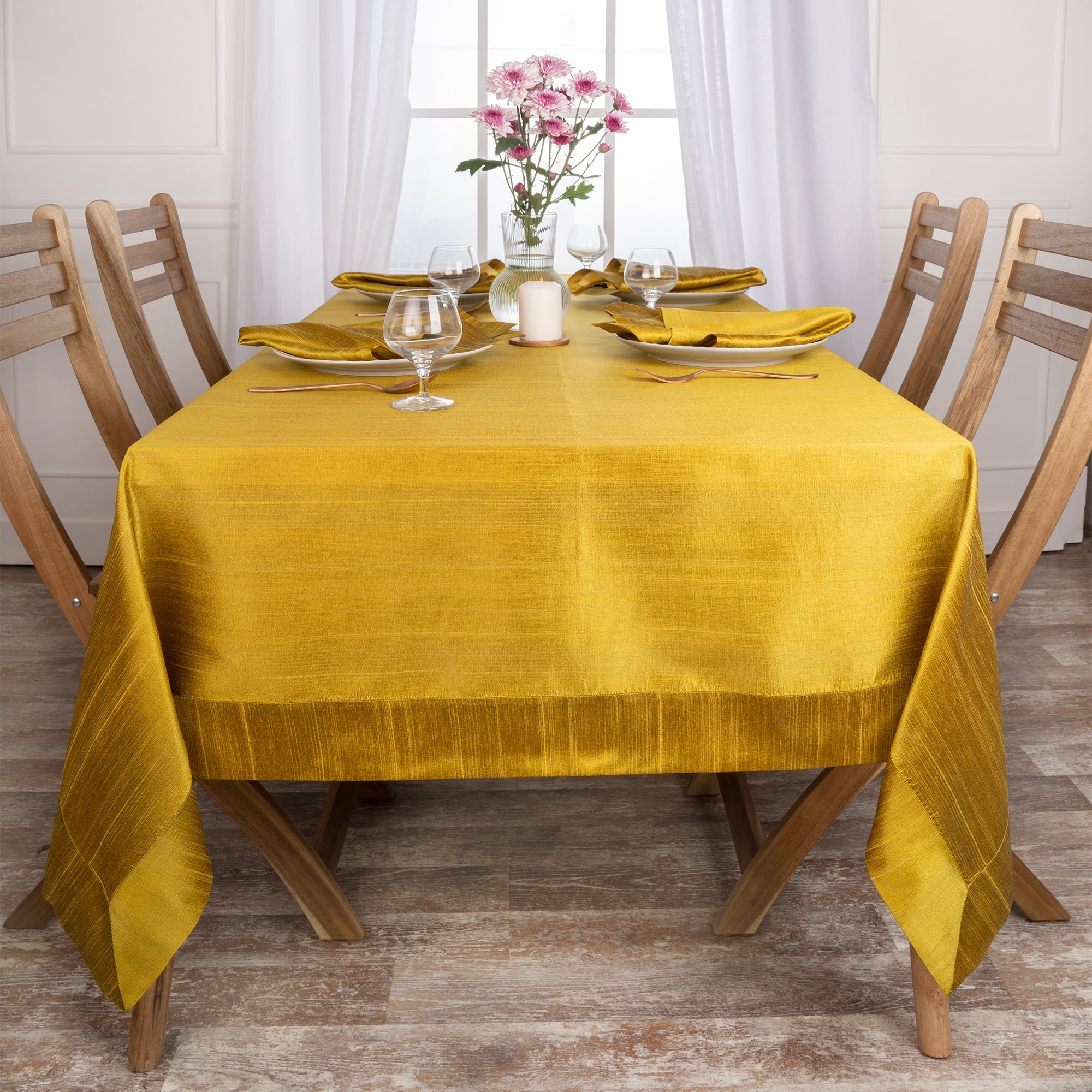 Gold Vegan Silk Tablecloth, Mitered Corner