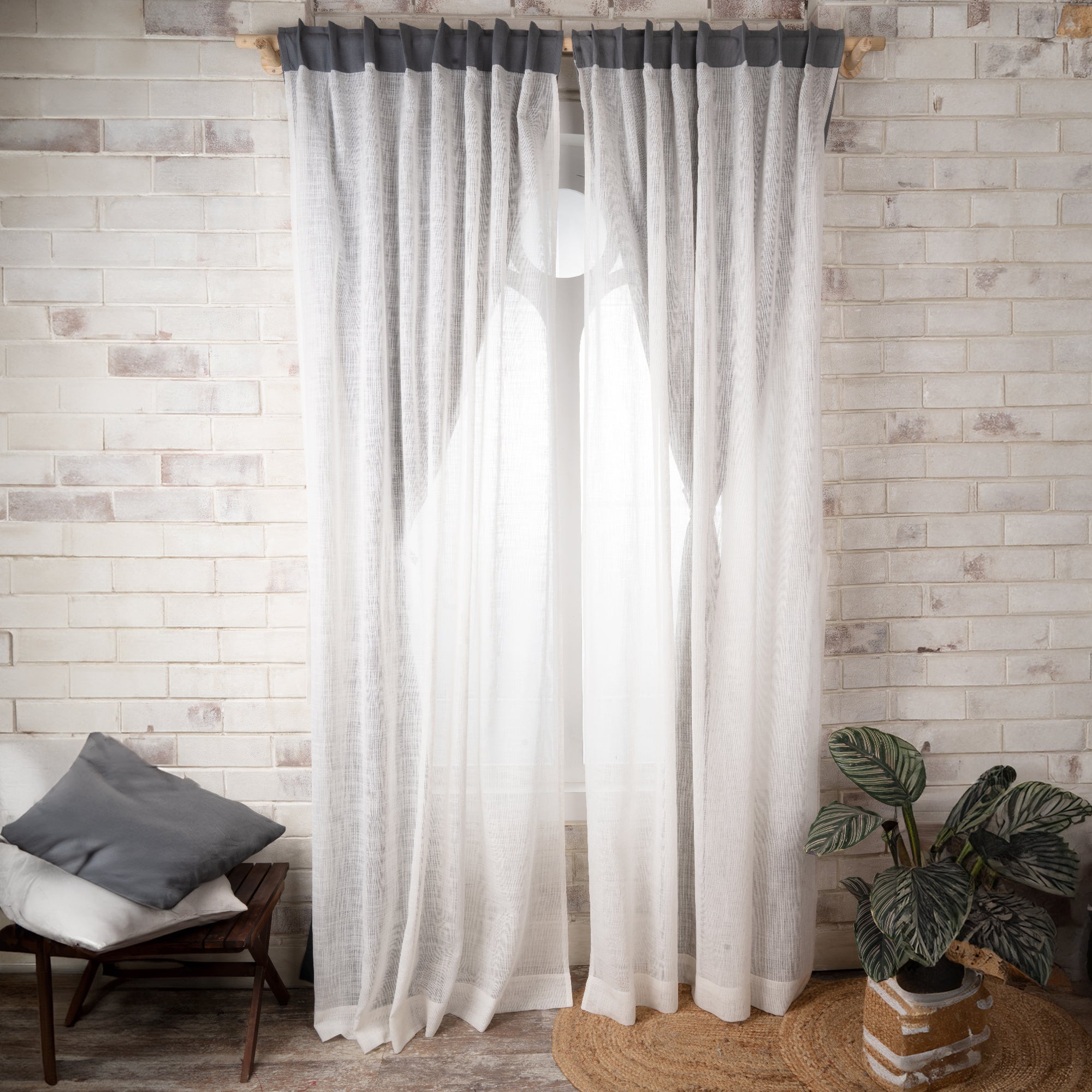 Charcoal Grey Faux Linen with Sheer Jute Overlay Curtain