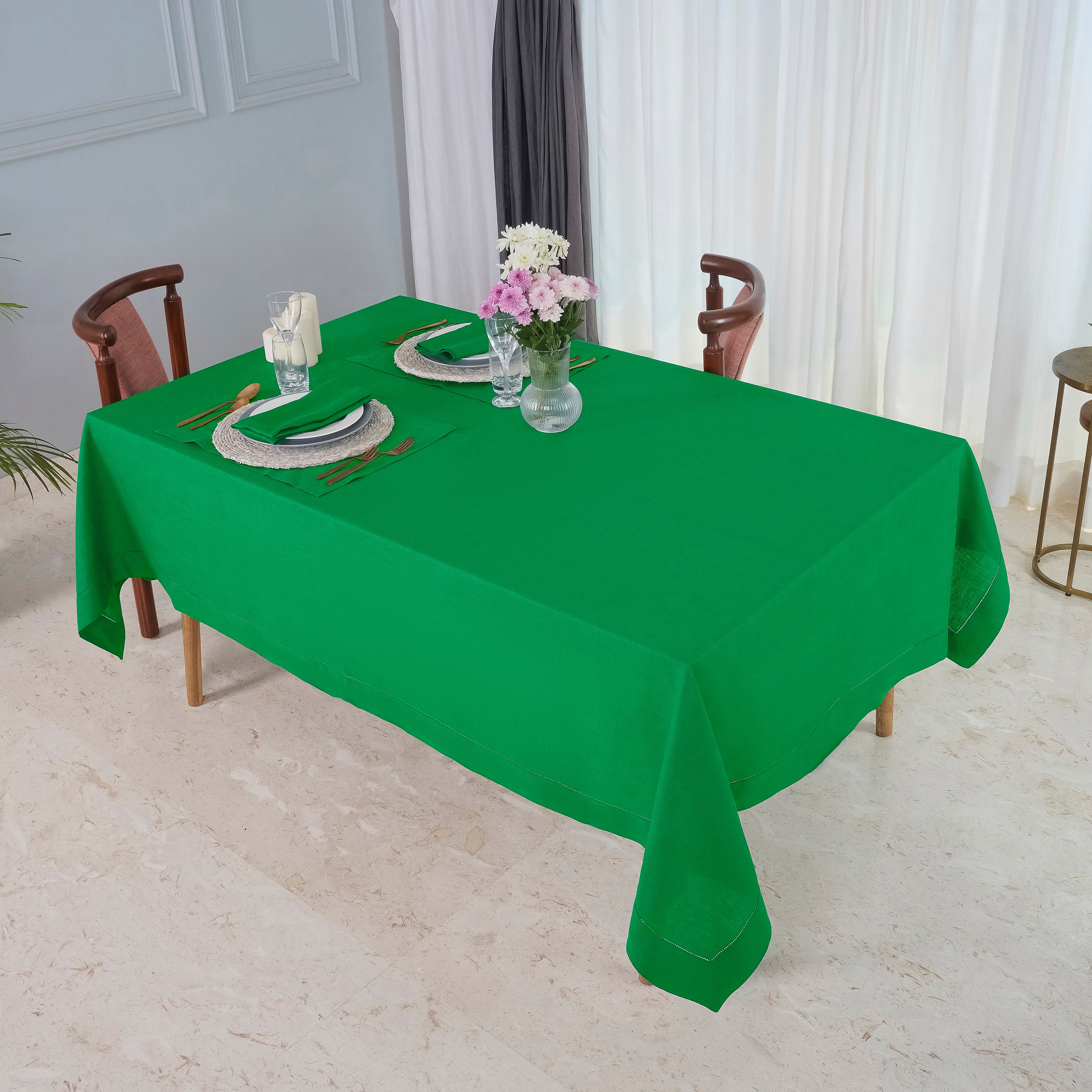 Kelly Green Linen Tablecloth, Hemstitch