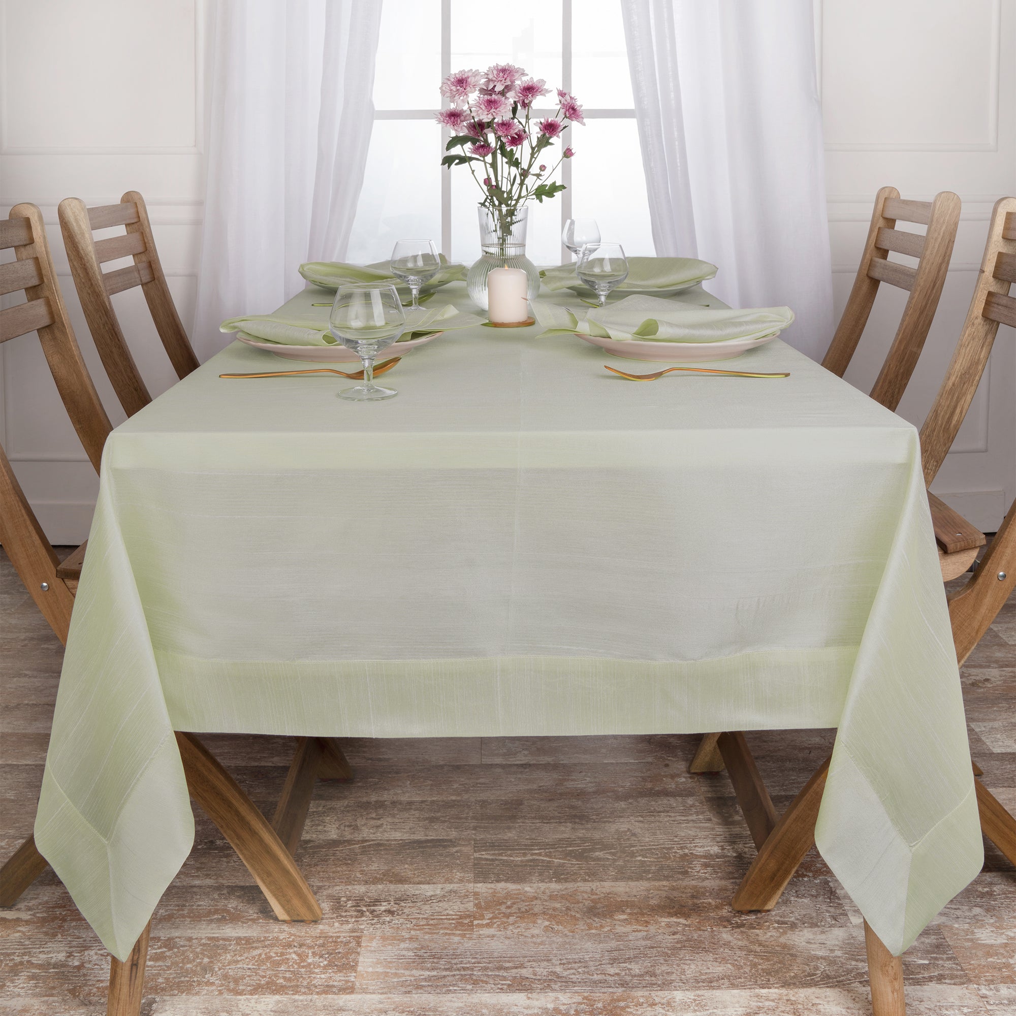 Sage Green Vegan Silk Tablecloth, Mitered Corner