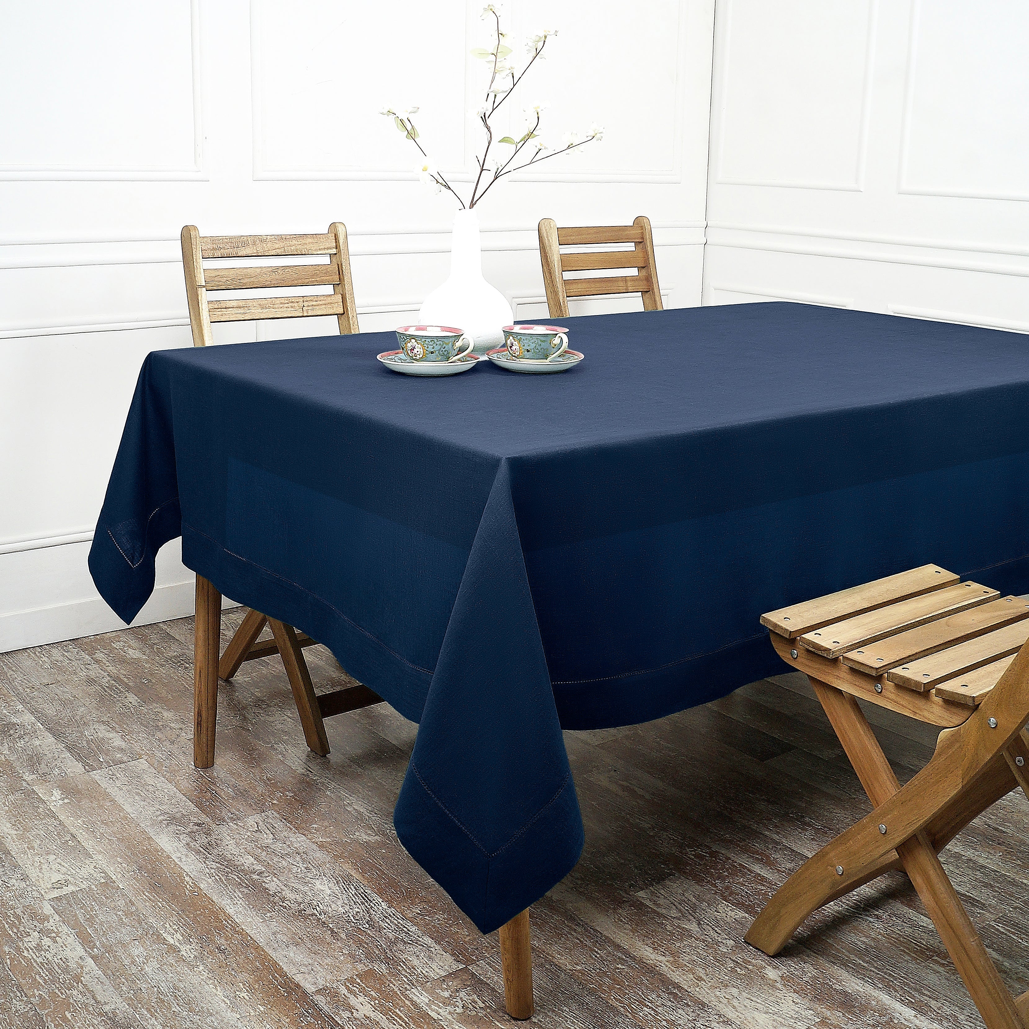 Navy Blue Linen Tablecloth, Hemstitch