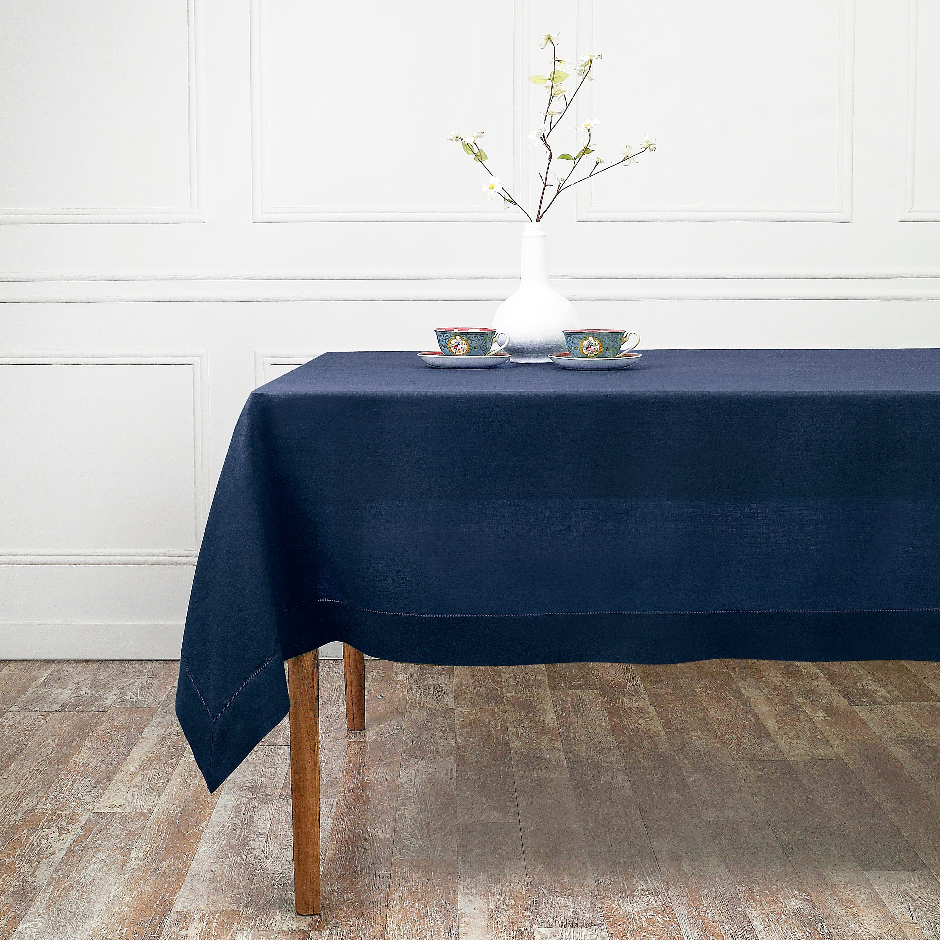 Navy Blue Linen Tablecloth, Hemstitch