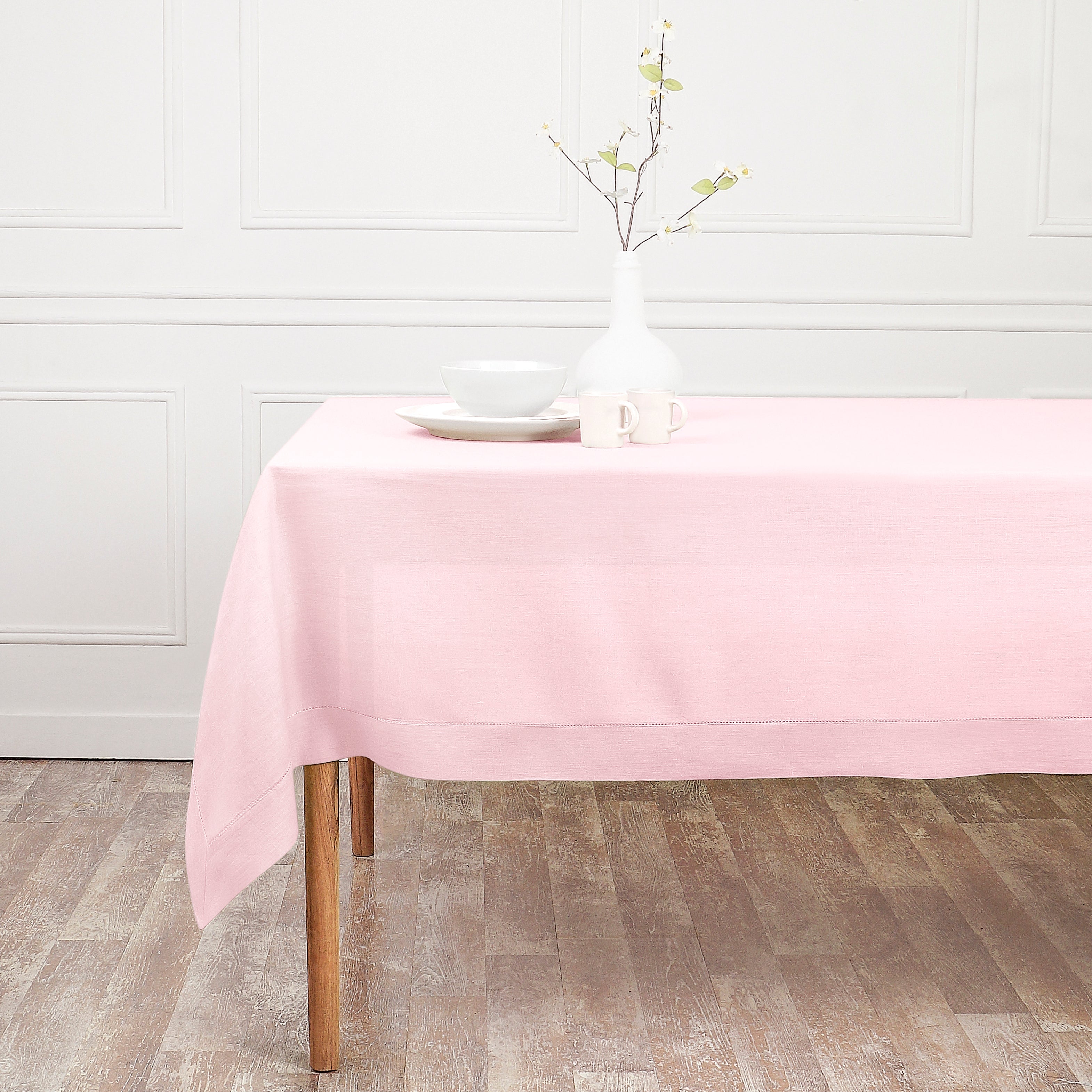 Pastel Pink Linen Tablecloth, Hemstitch