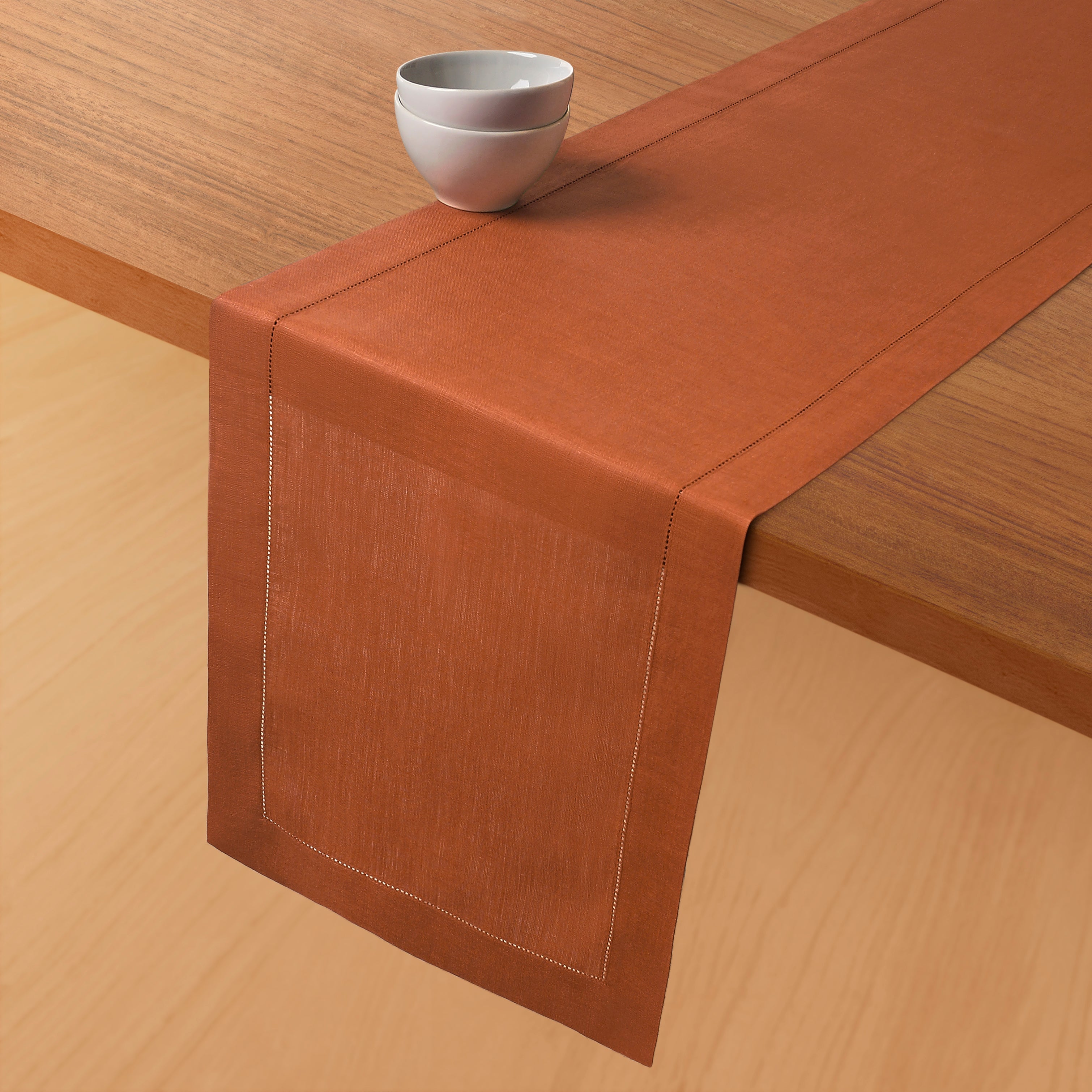 Rust Linen Table Runner, Hemstitch