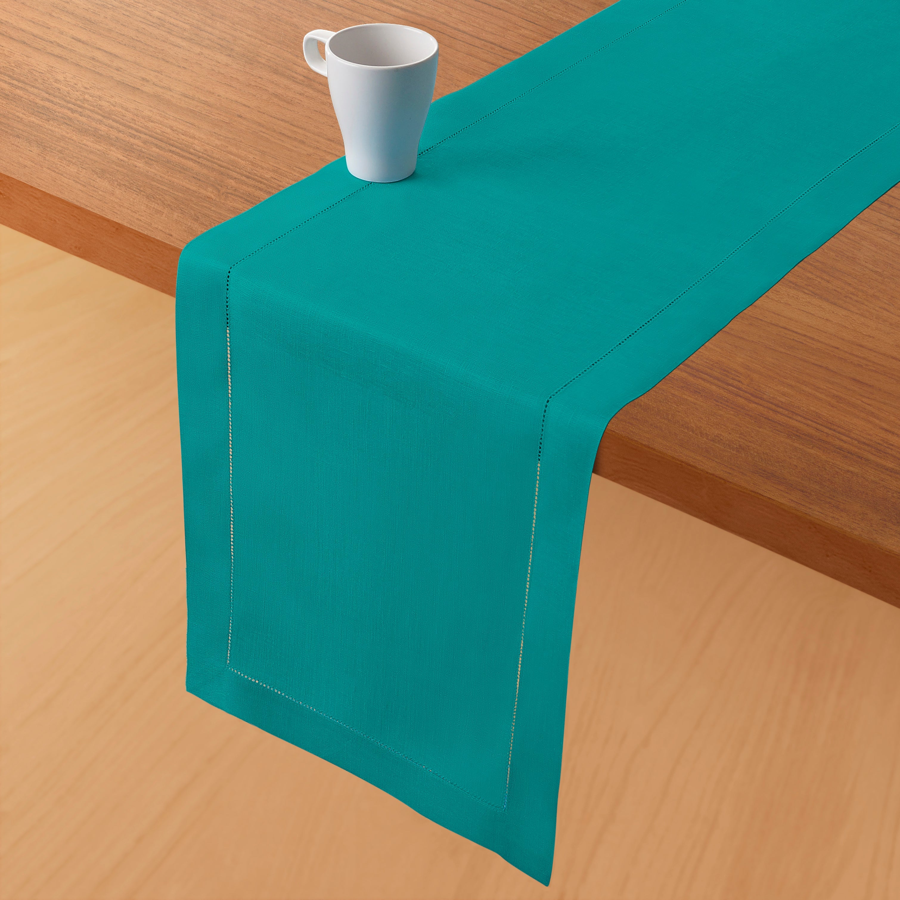 Teal Blue Linen Table Runner, Hemstitch