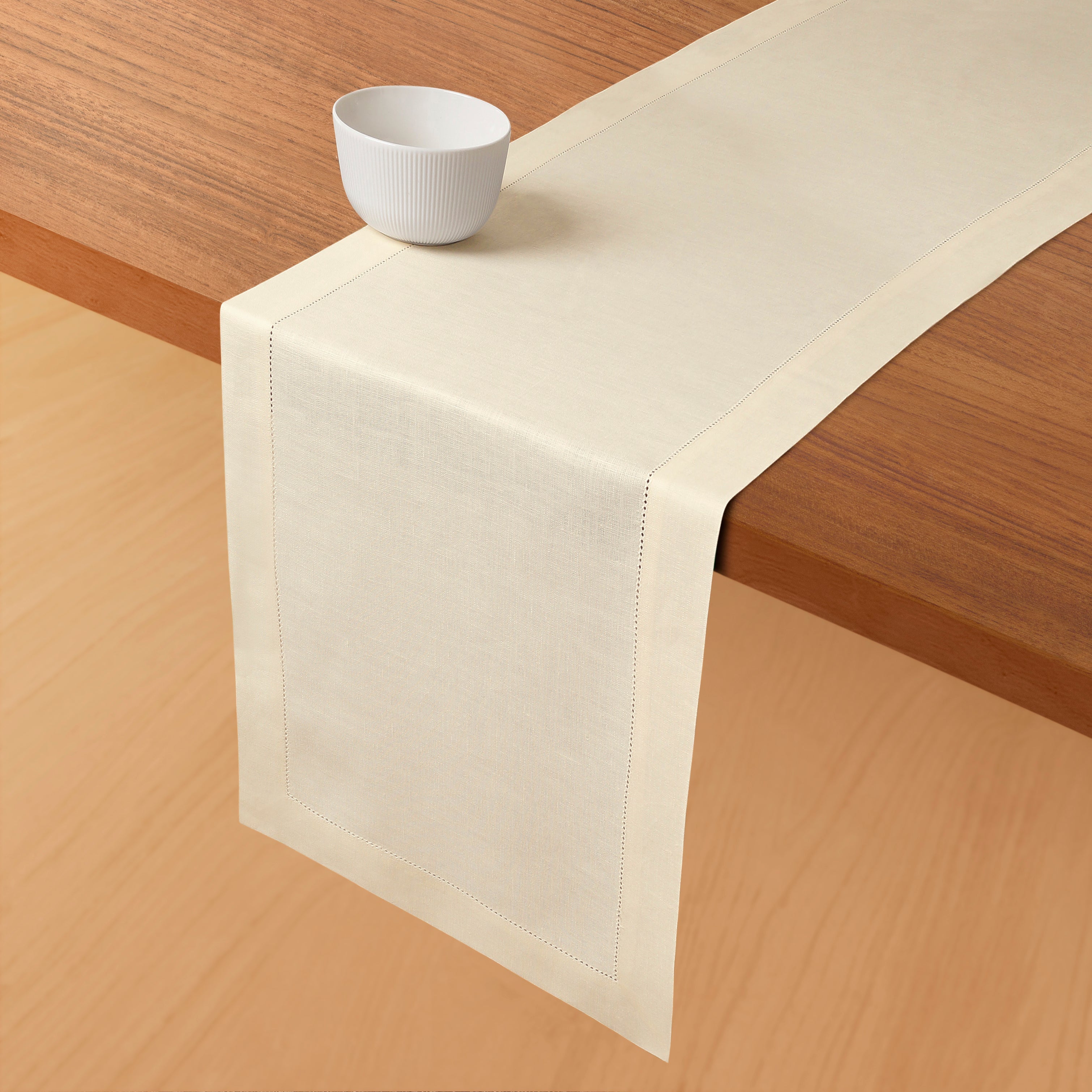 Vanilla Cream Linen Table Runner, Hemstitch