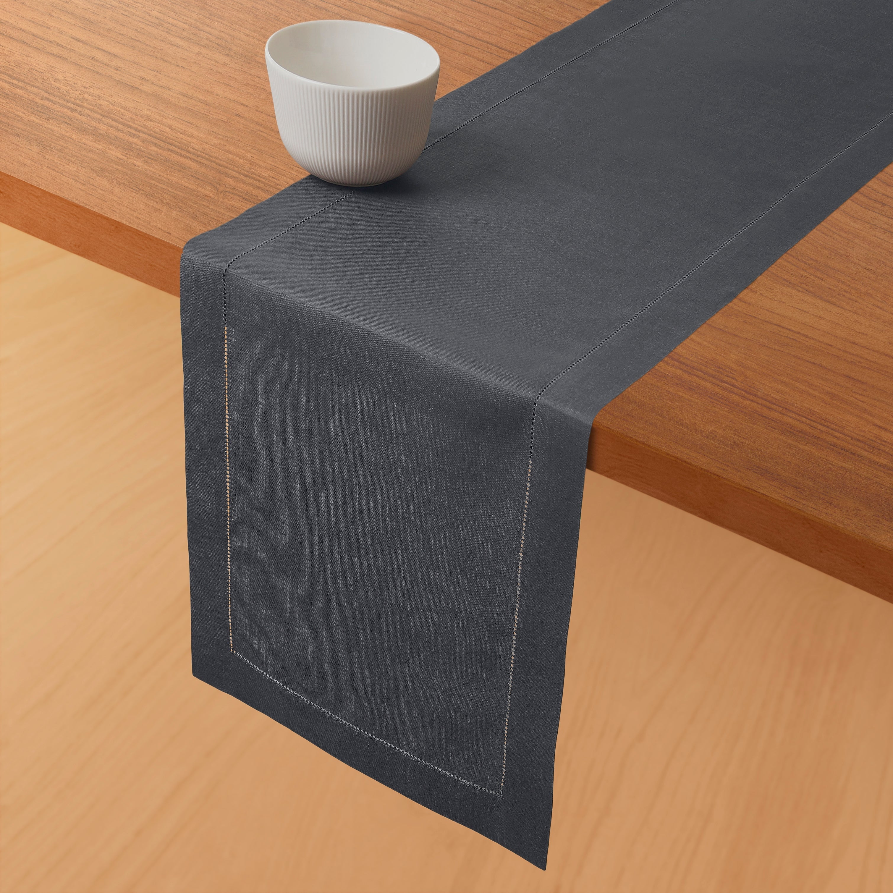 Charcoal Grey Linen Table Runner, Hemstitch