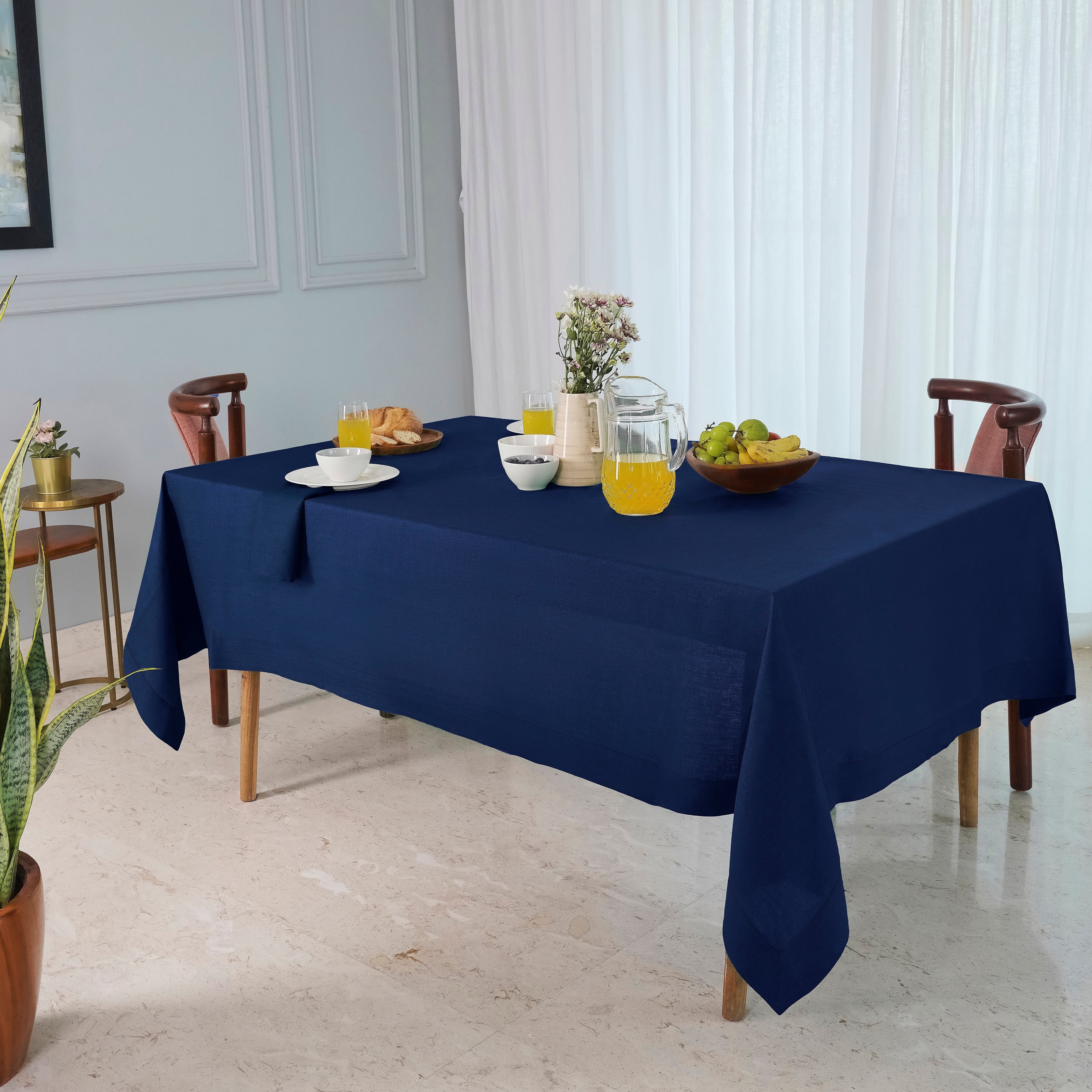 Navy Blue Linen Tablecloth, Hemmed