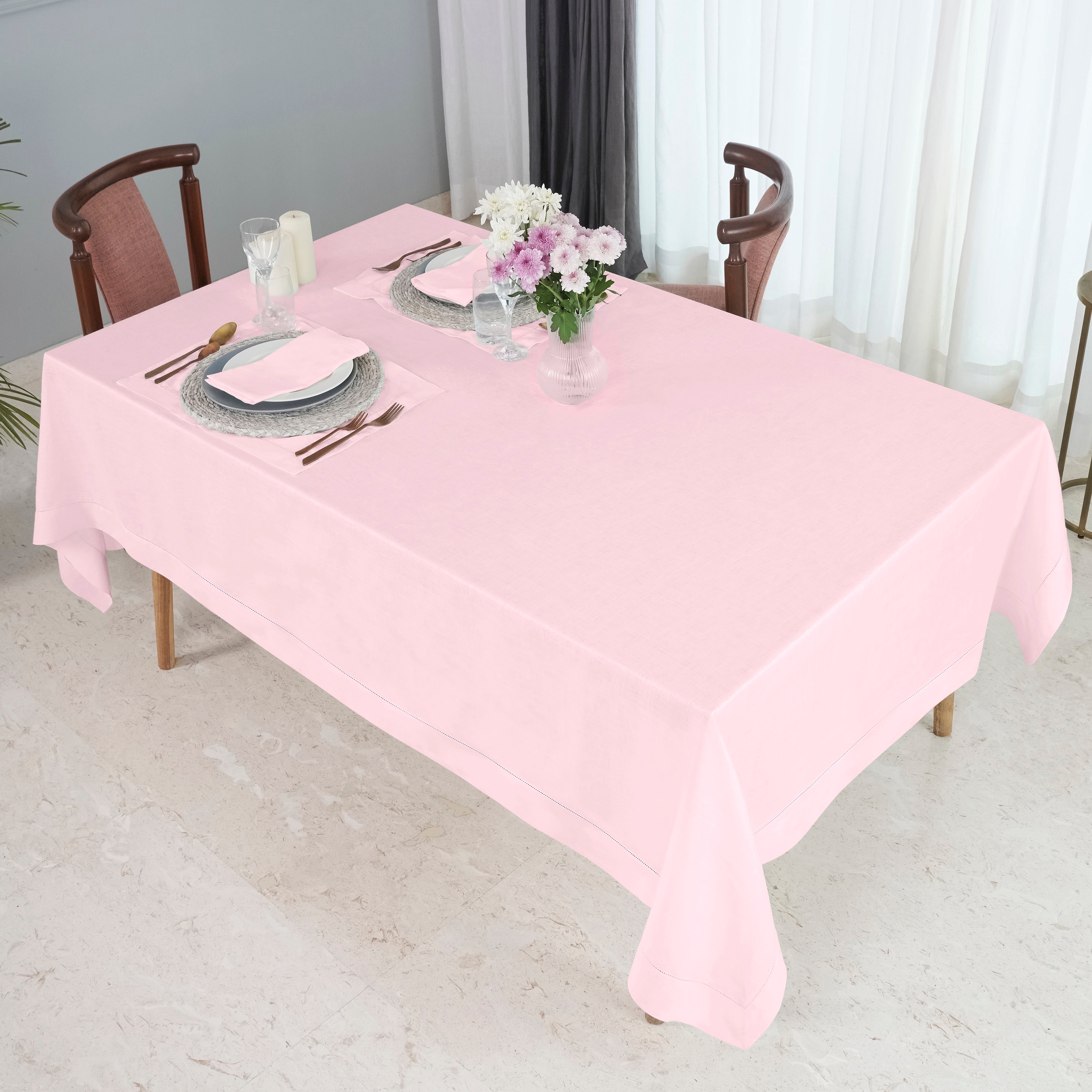 Pastel Pink Linen Tablecloth, Hemstitch