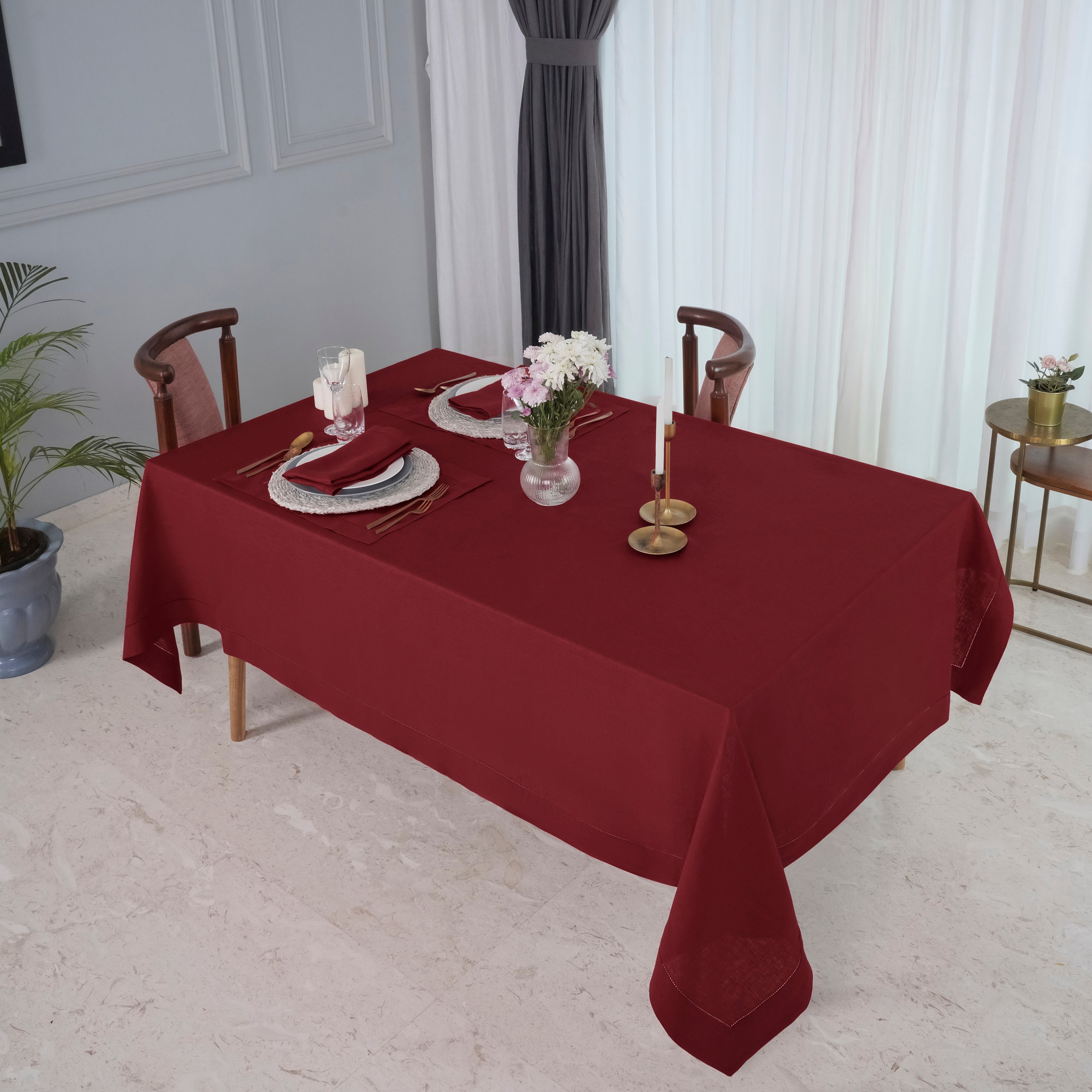 Dark Red Linen Tablecloth, Hemstitch