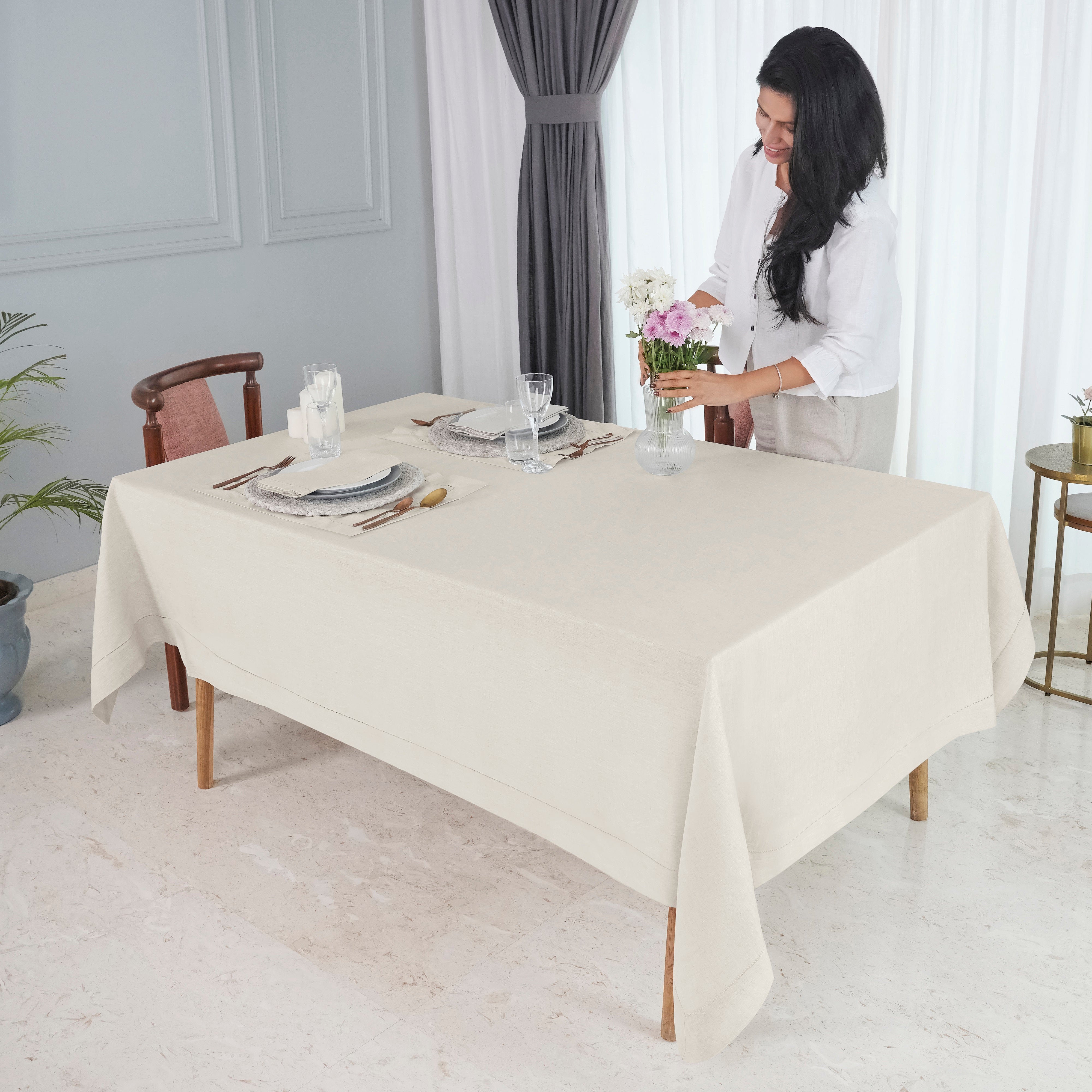 Light Natural Linen Tablecloth, Hemstitch