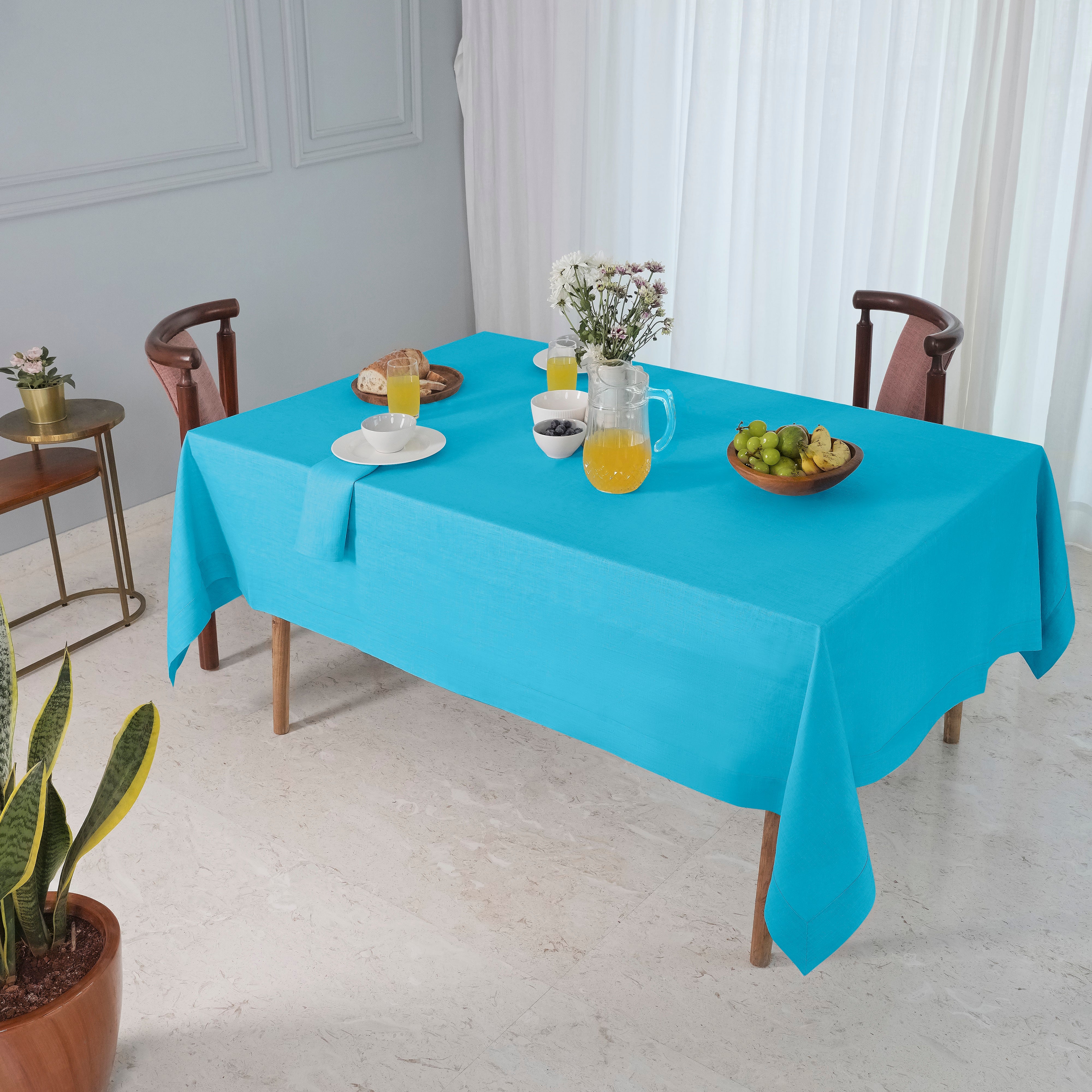 Cyan Blue Linen Tablecloth, Hemmed