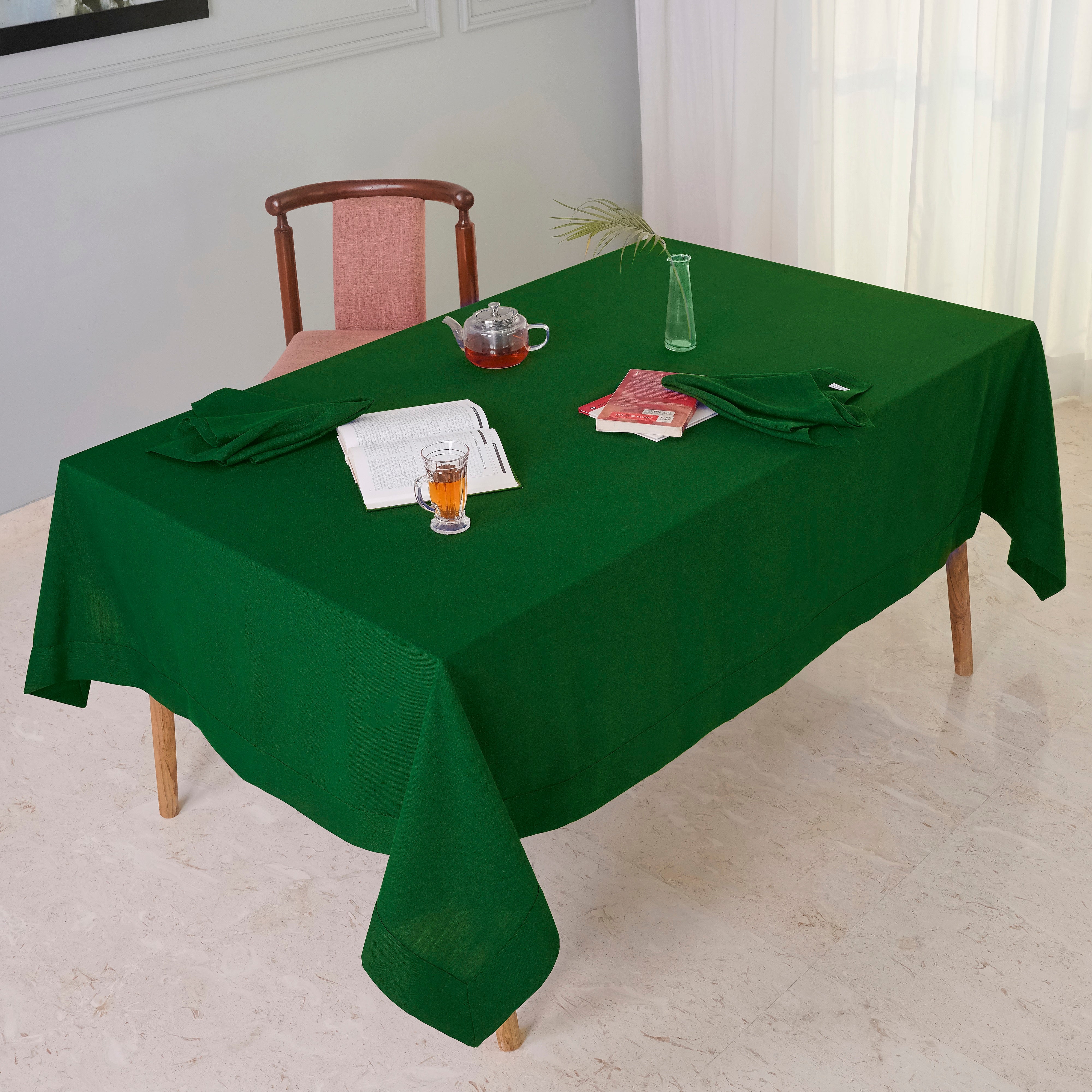 Eden Green Tablecloth, Faux Linen, Mitered Corner