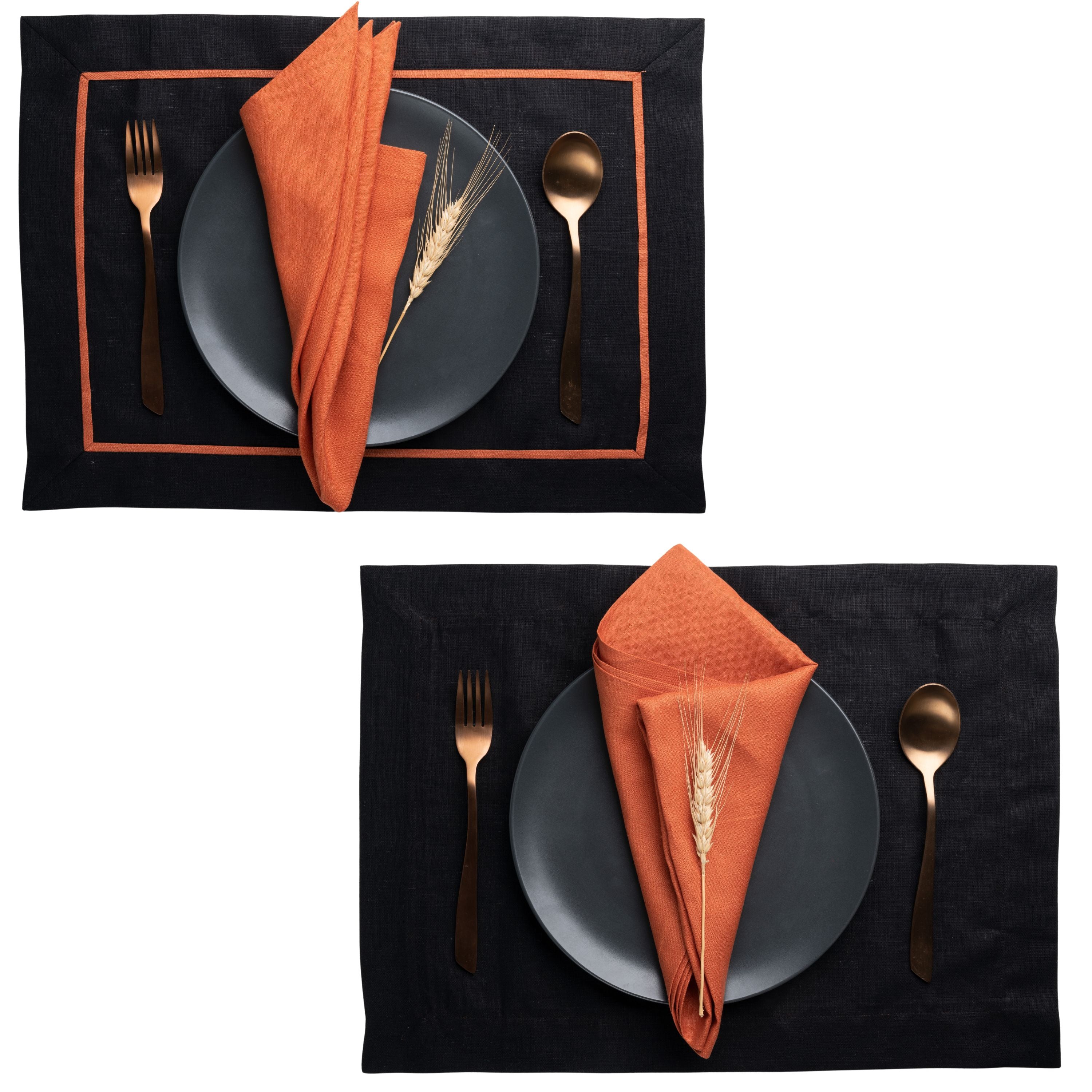 Black and Rust Linen Placemats, Reversible, 14 x 19 inch, 4 pcs