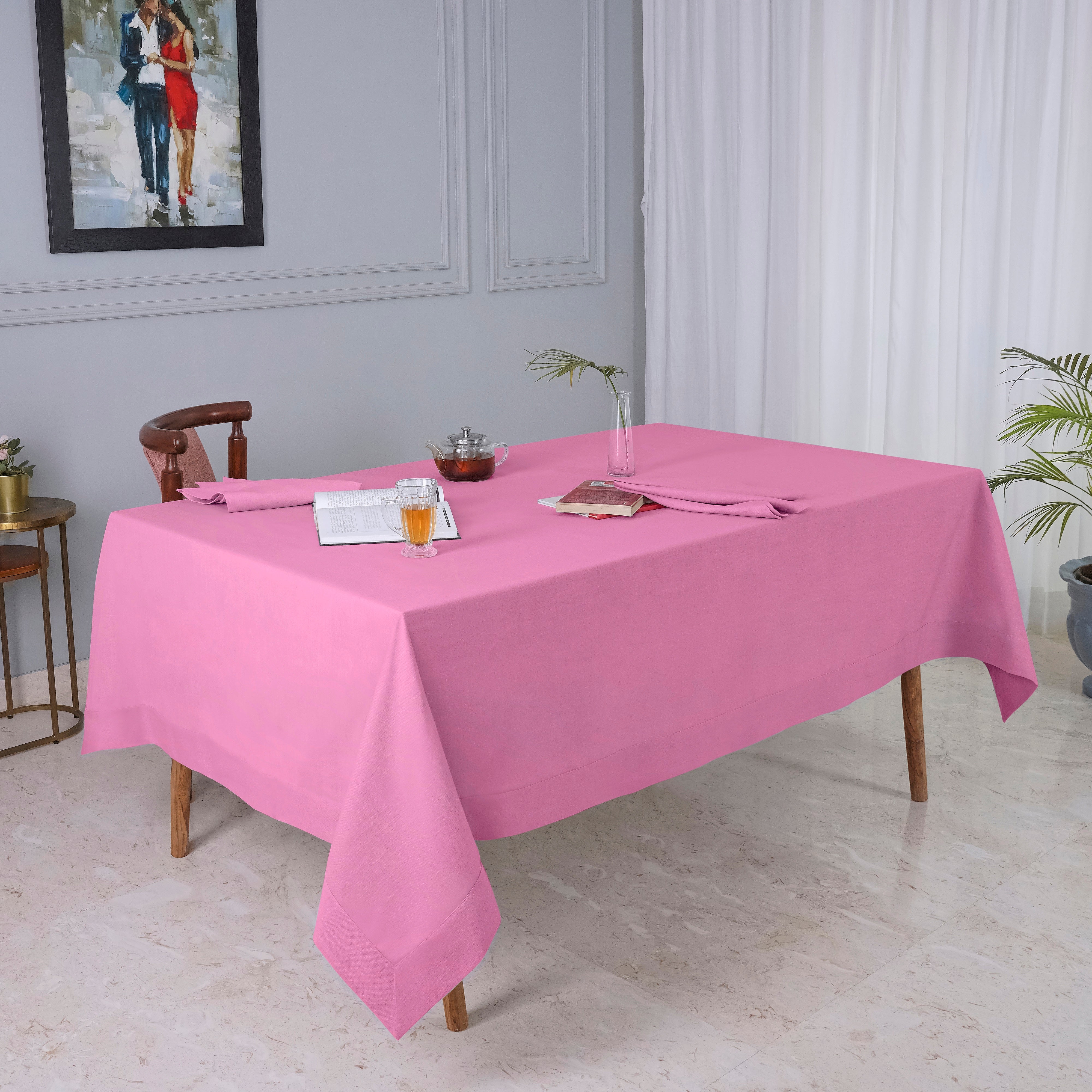 Bubblegum Pink Tablecloth, Faux Linen, Mitered Corner