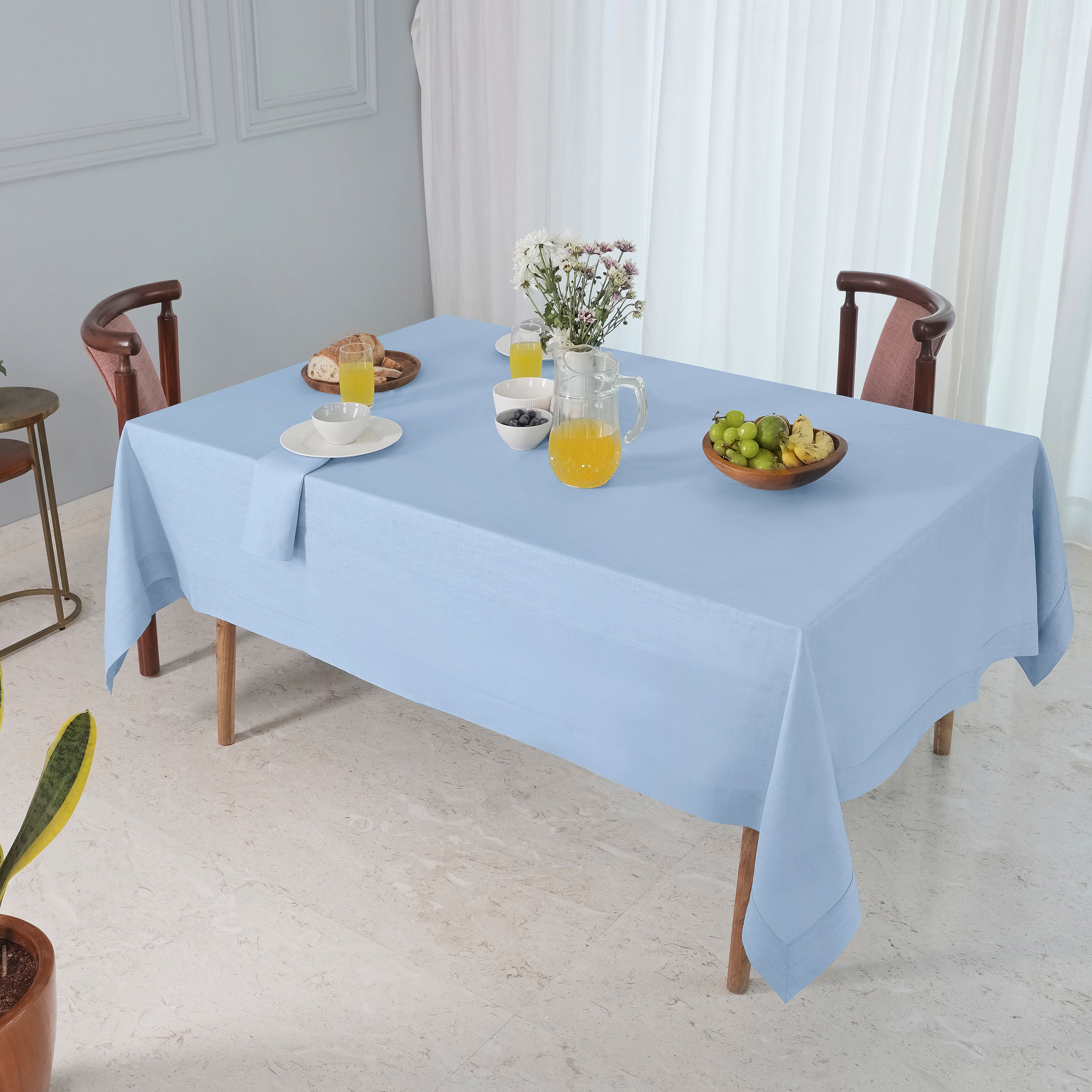 Powder Blue Linen Tablecloth, Hemmed