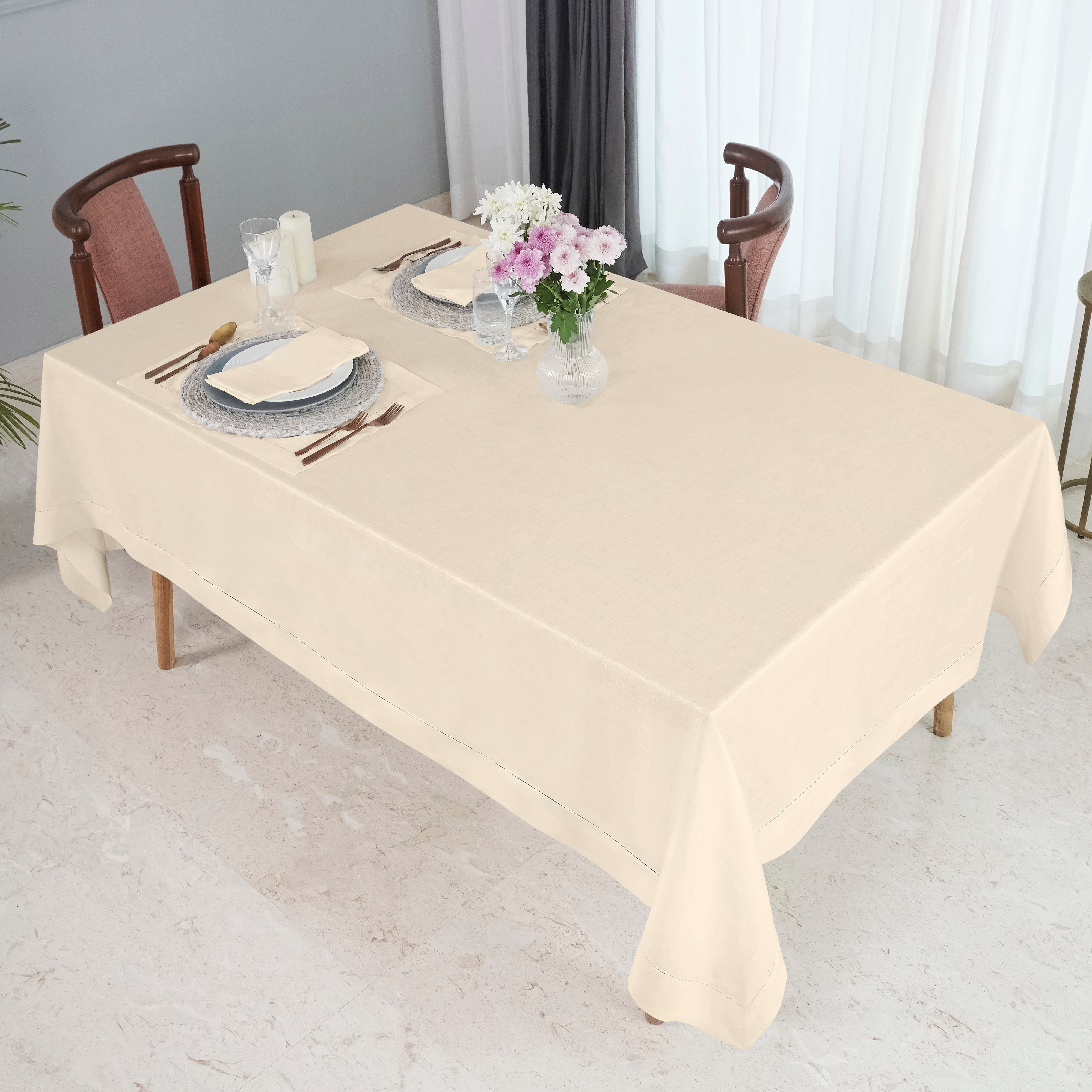 Vanilla Cream Linen Tablecloth, Hemstitch