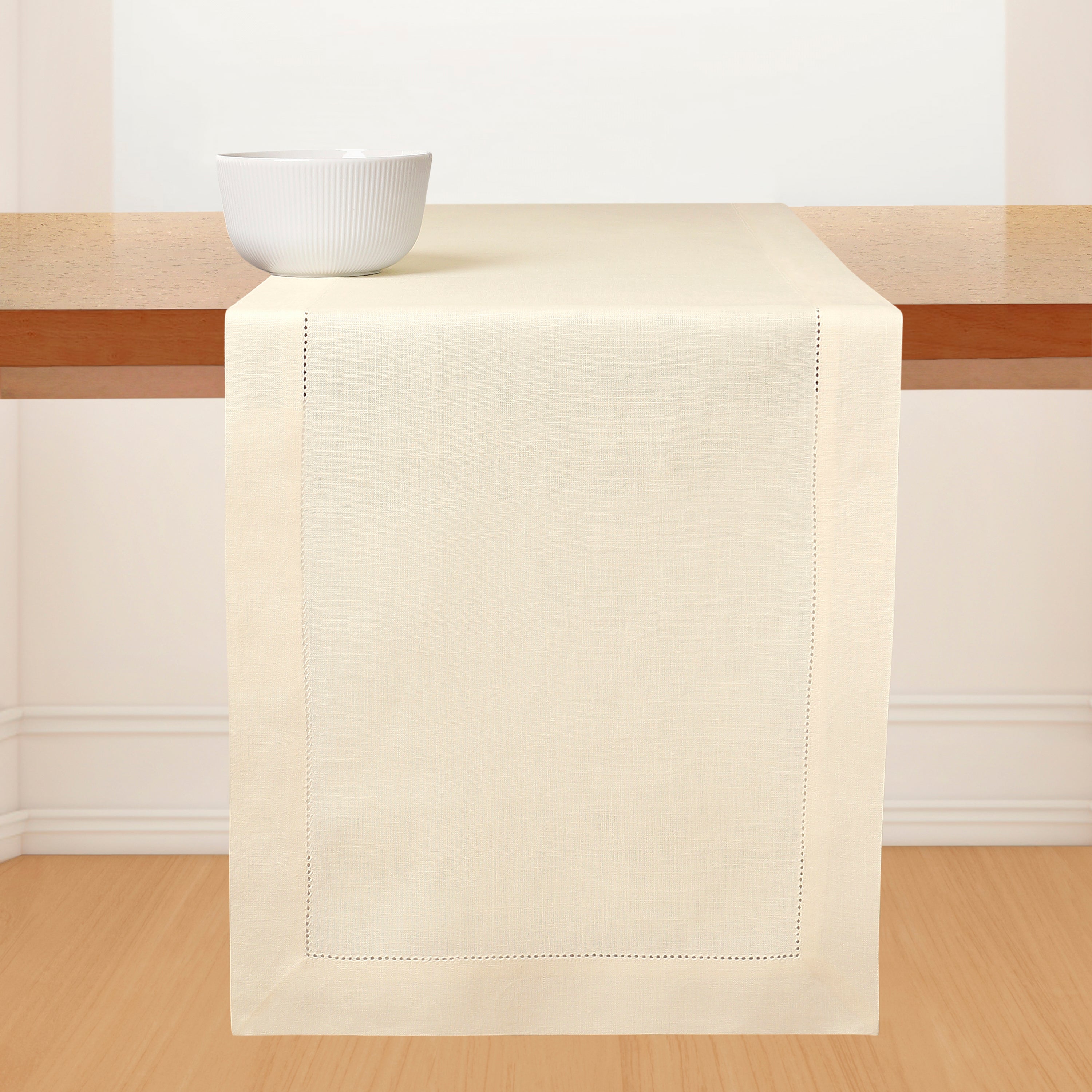 Vanilla Cream Linen Table Runner, Hemstitch